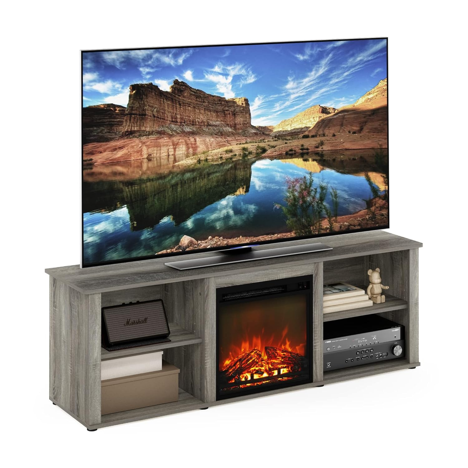 Furinno Montale 70 Inch TV Stand with Fireplace, French Oak Grey