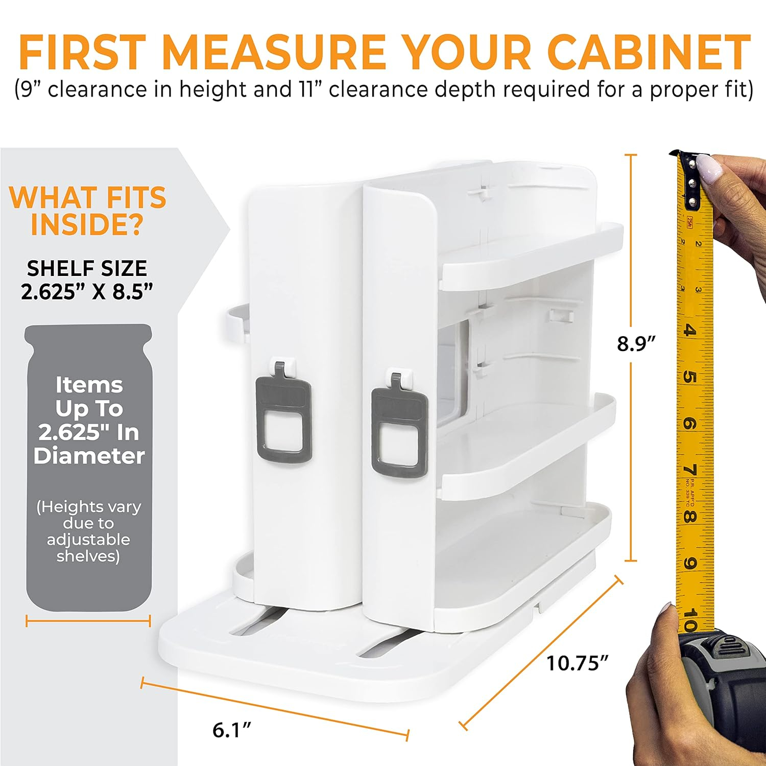 Cabinet Caddy SNAP! Spice Rack Organizer for Cabinet - Slide & Rotate Seasoning Organizer - 3 Snap-In Adjustable Shelves for 5 Tier of Storage - Magnetic Modular Design - 8.9”H x 6.1”W x 10.8”D