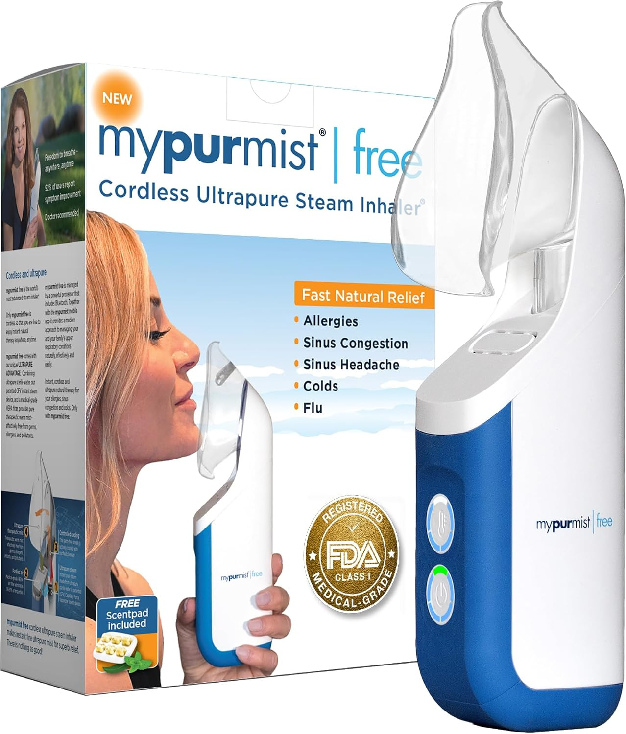 New! Mypurmist Free Ultrapure Handheld Personal Steam Inhaler, Vaporizer and Humidifier(Cordless)