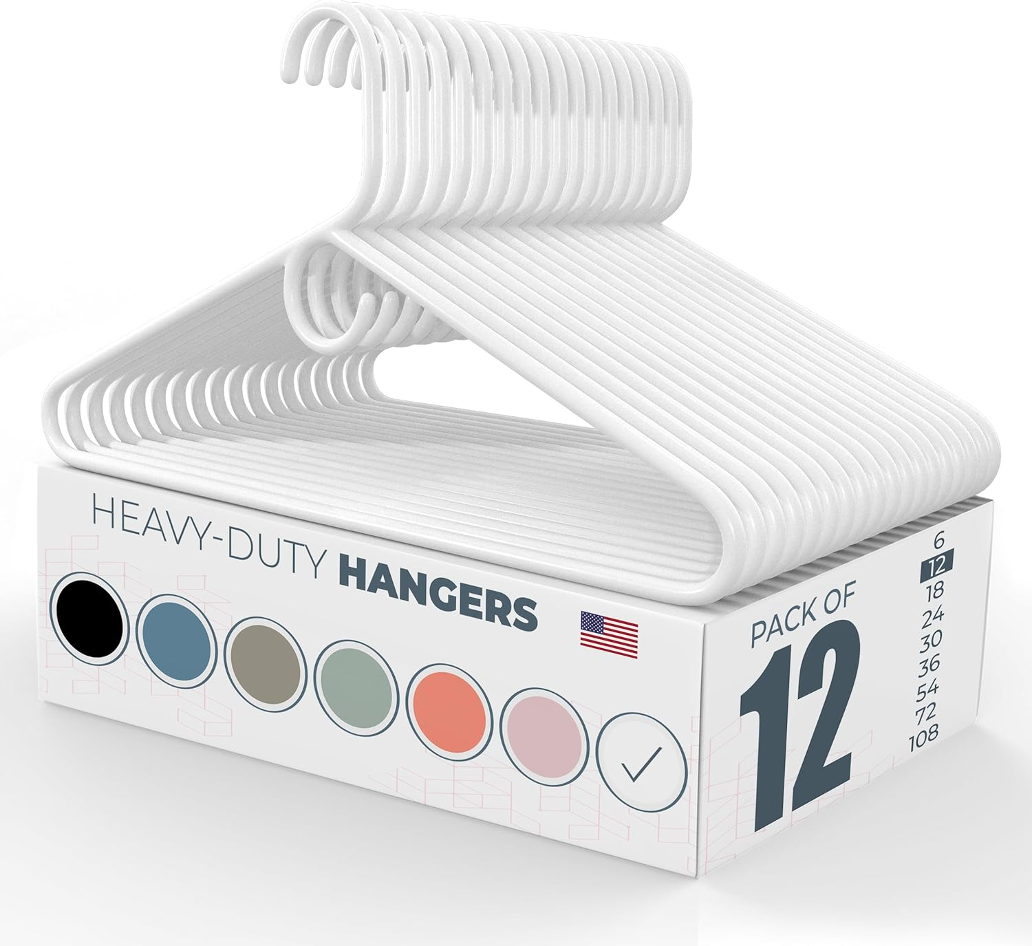 Made in USA Heavy Duty Plastic Clothes Hangers Bulk, 20 30 50 100 Pack Available, Strong Plastic Hangers, Jacket Coat Hangers, Thick Plastic Hanger for Closet and Clothing Hangars (12pk White)