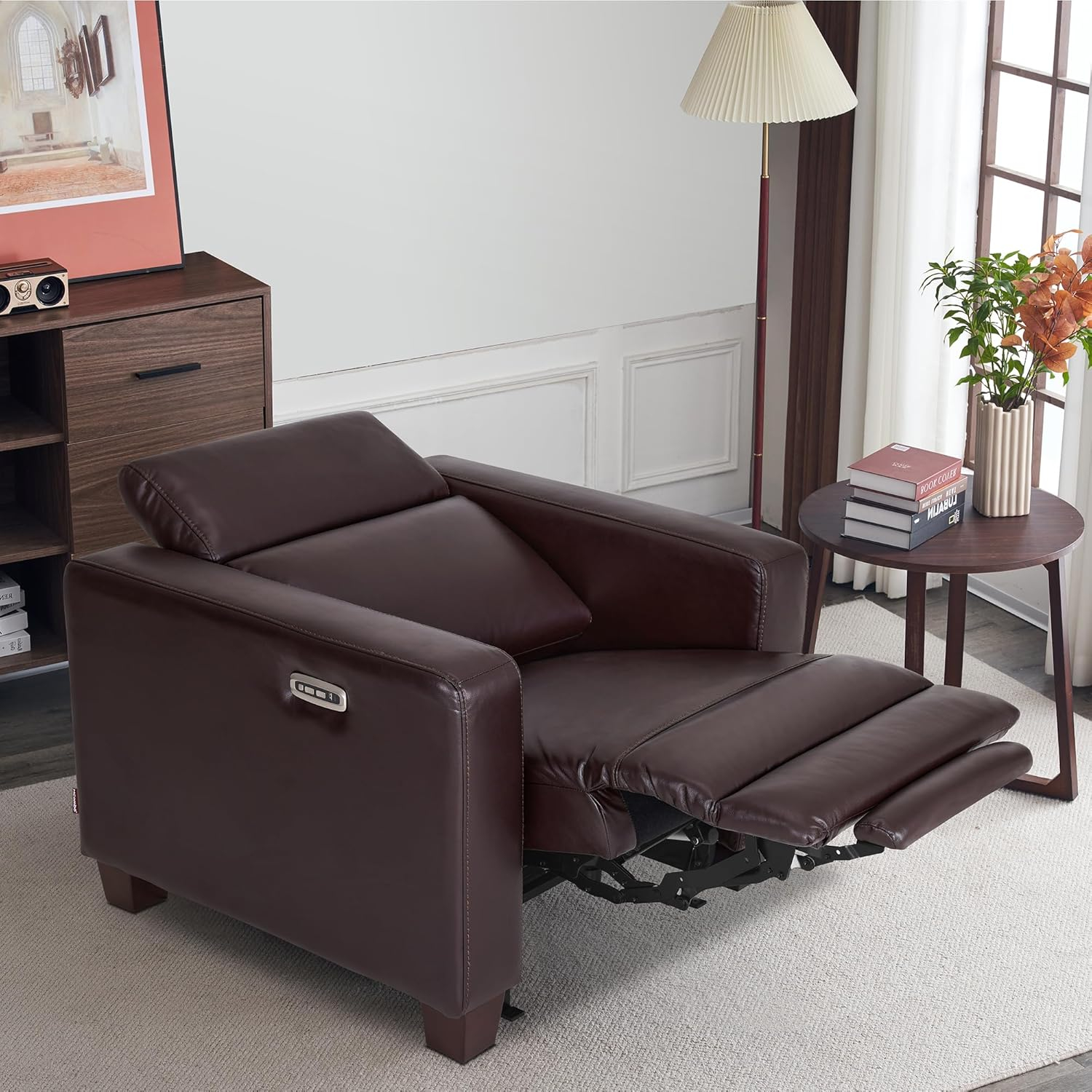 MCombo Wall-Hugger High Leg Power Recliner Chair with Adjustable Headrest and USB&Type C Dual Charge Ports for Living Room, Office, and Small Spaces, HL128 (Faux Leather, Brown)