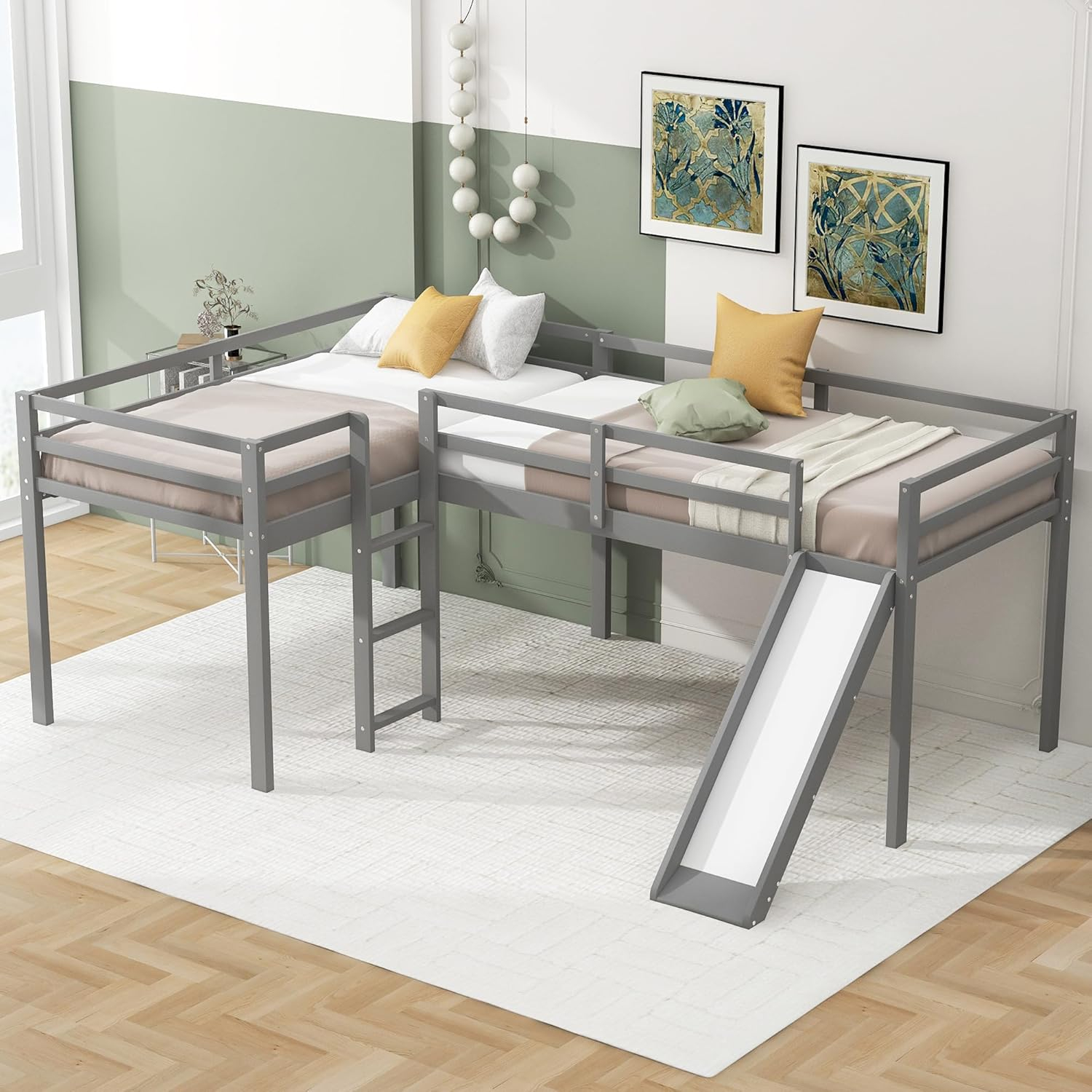 Harper & Bright Designs L-Shaped Loft Bed with Slide, Wooden Low Loft Beds for 2 Kids, Twin Size Low Loft Bed with Built-in Ladders, Gray