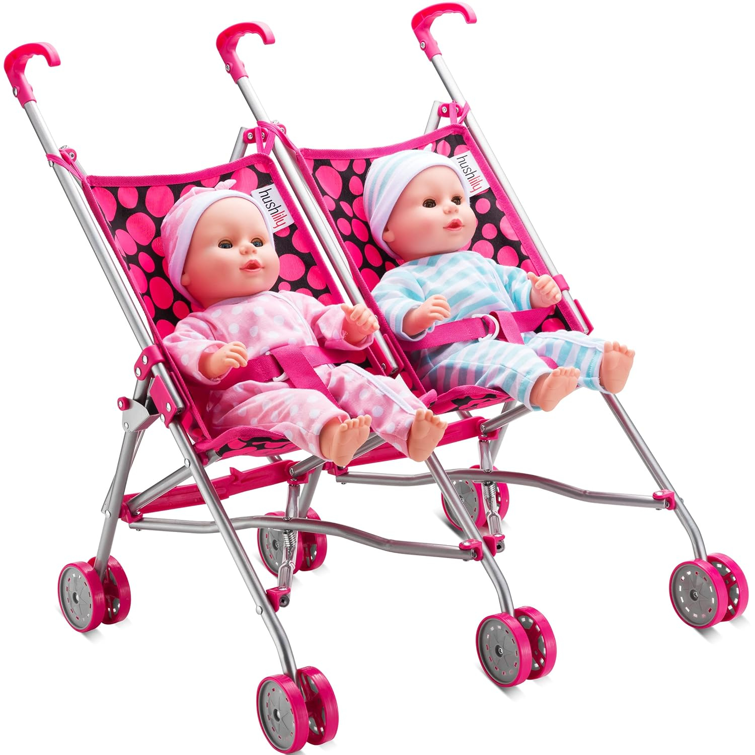 Double Doll Stroller for Twin Baby Dolls - Toy Stroller for Toddlers 3 Years and up, Pink & Black Polka Dots Design for Kids