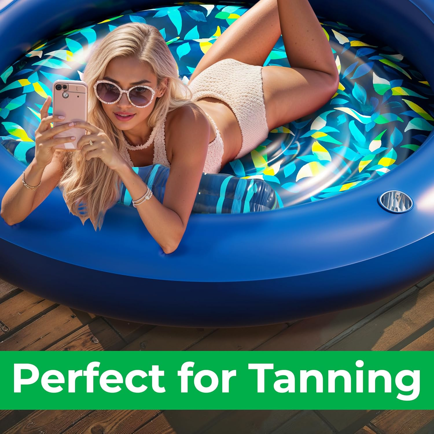 JAMBO Huge Round 76 x 76 Tanning Pool Lounger, Pool Float, Inflatable Sun Tanning Pool Float, Tanning Chair, Pool Floats Adult, Water Lounge Raft Pool Lounger Adults, Tanning Raft Sunchill Tanning Bed