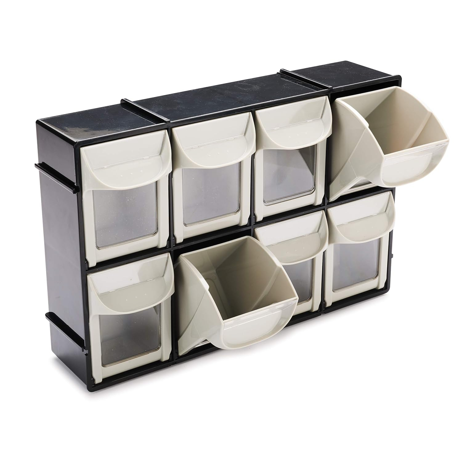 Black and Off-White Stackable Plastic Tilt-Out Bin Storage System