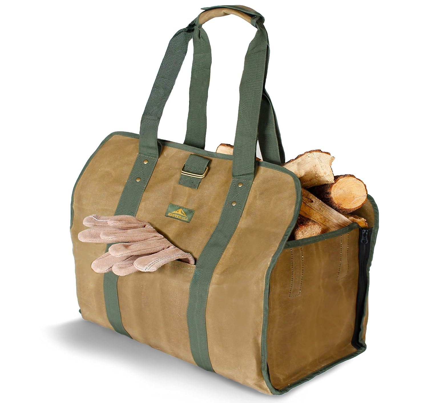 HinterHill 2-in-1 Firewood Carrier Bag. Adjustable Canvas Bag with Zip-Down Sides for Fireplace Wood