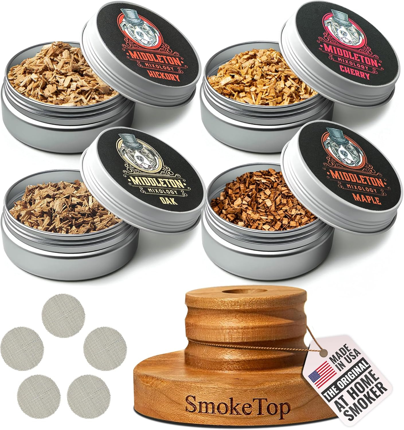 SmokeTop Cocktail Smoker Kit with 4 Flavors Wood Chips - Cocktail Smoker Kit & Chips for Old Fashioned Cocktails, Whiskey, & Bourbon (Cherry, Hickory, Maple & Oak)