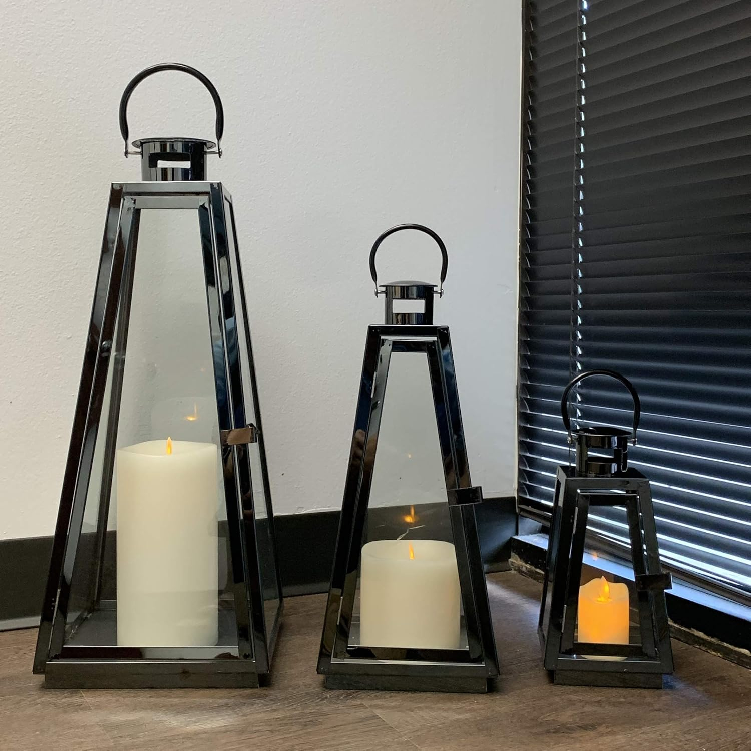 Allgala 3-PC Set Jumbo Luxury Modern Indoor/Outdoor Hurricane Candle Lantern Set With Chrome Plated Structure and Tempered Glass-Taper Black-HD88023