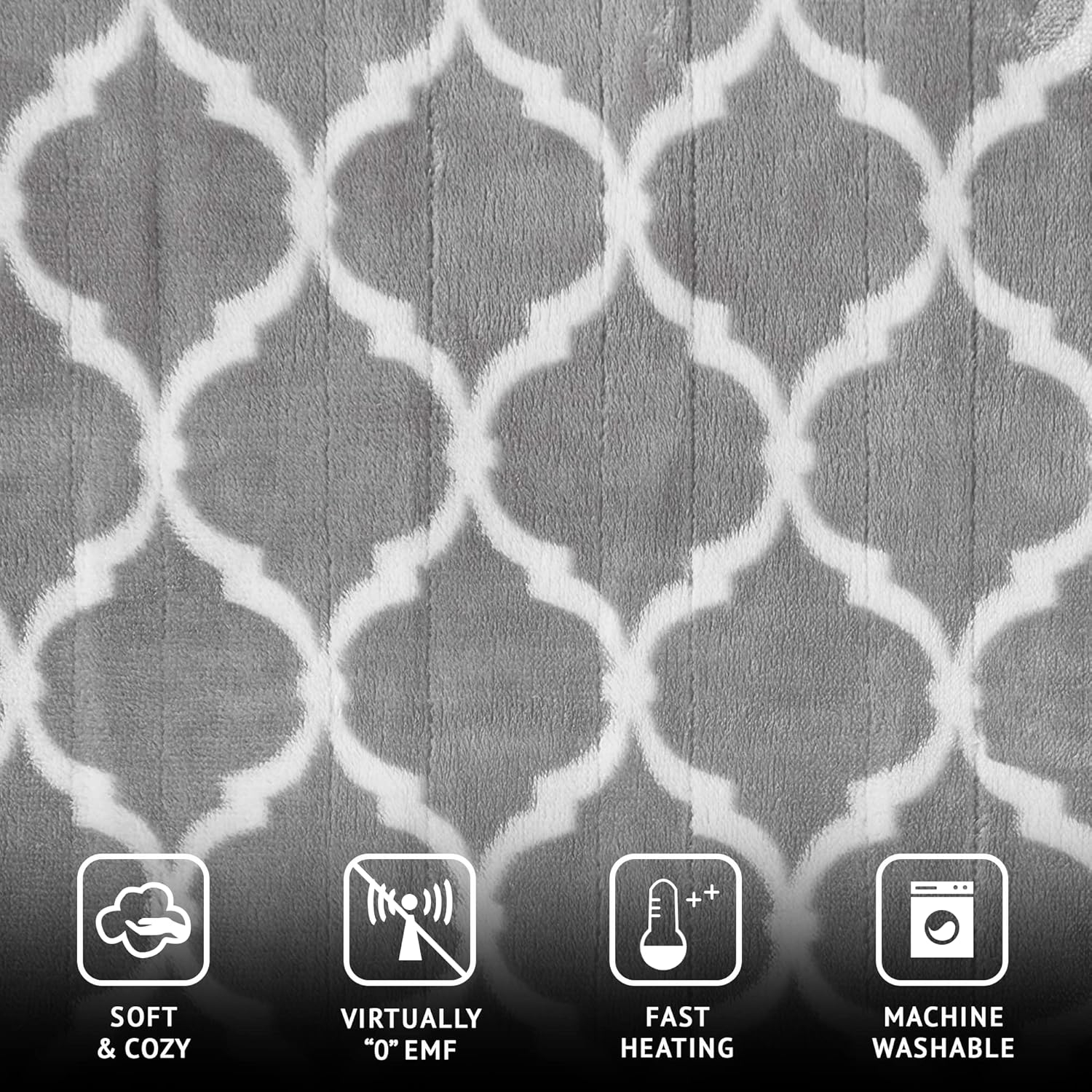 Beautyrest Ogee Printed Plush Electric Blanket for Cold Weather, Fast Heating, Auto Shut Off, Virtually Zero EMF, Multi Heat Setting, UL Certified, Machine Washable, Grey Oversized Throw 60x70