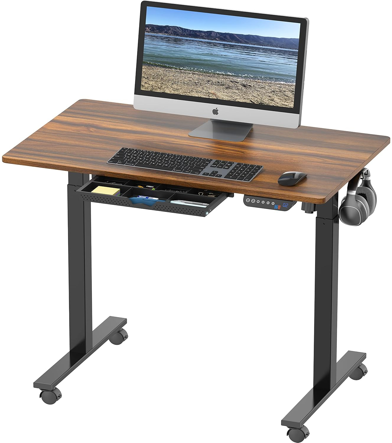 SHW 40-Inch Mobile Electric Height Adjustable Sit to Stand Desk with Drawer, Hanging Hooks and Cable Management, Walnut