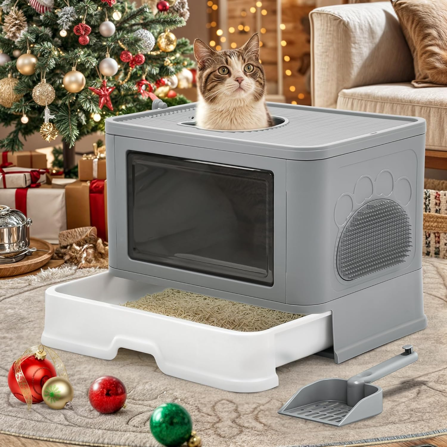 HiiKaa Large Enclosed Cat Litter Box with Lid Cover,Hooded Odorless Cat Toilet with Litter Scoop Cat Self Groomer Deodorizer Filter Front Entry Top Exit Door Gray