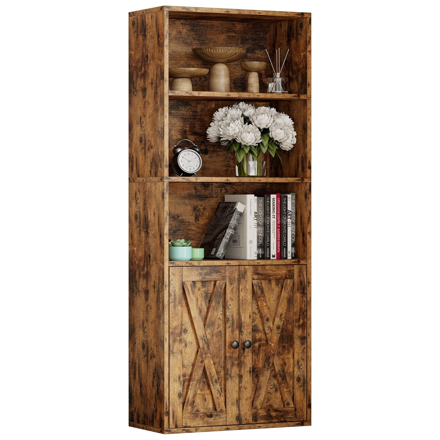 Industrial Bookshelves and Bookcases with Doors 11.8 in Depth Floor Standing 5 Shelf Display Storage Shelves Bookcase Home Decor Furniture for Home, Office, Living Room, Bedroom