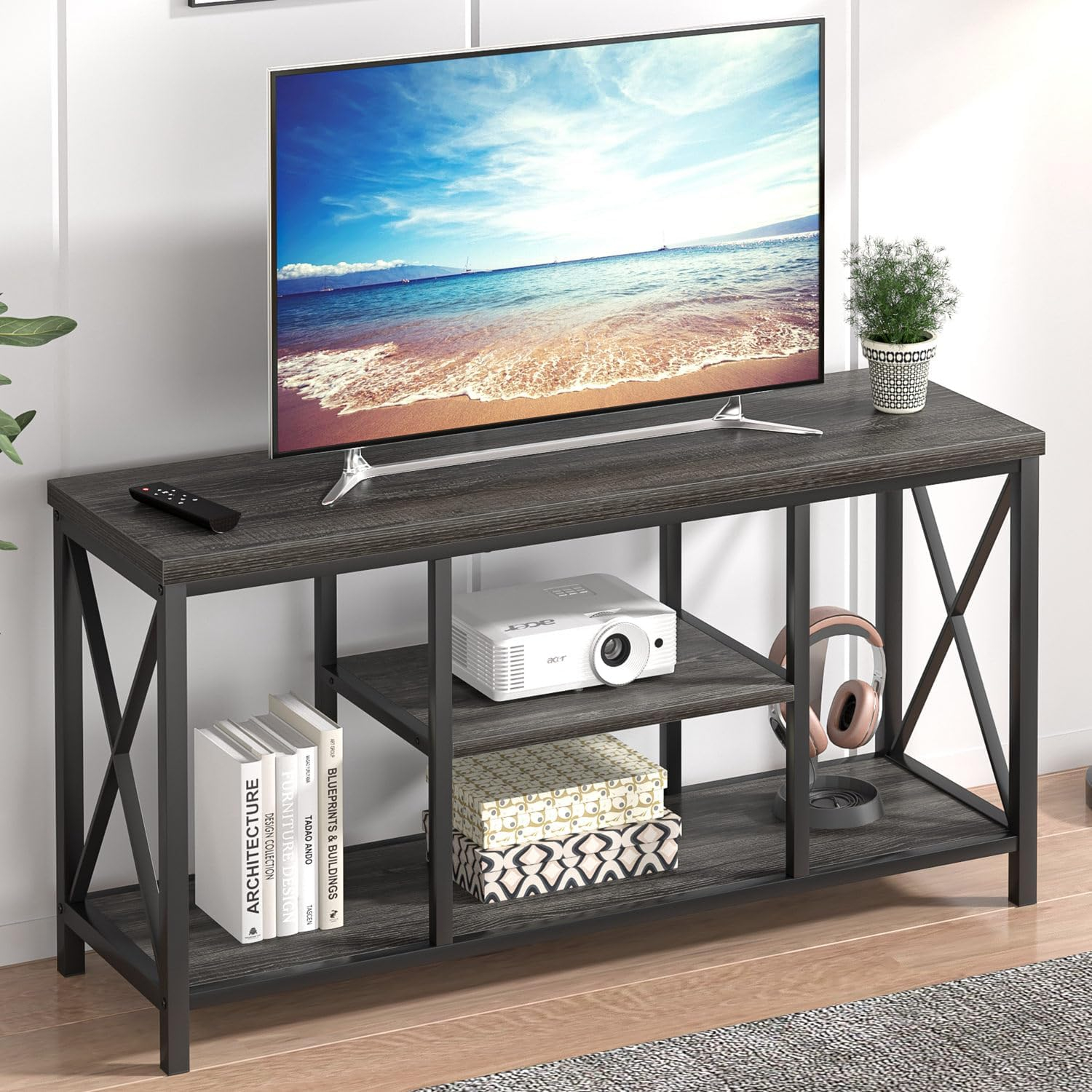 FOLUBAN TV Stand for TV up to 65 inch, Rustic Wood and Metal Entertainment Center with Storage Shelves, Modern Industrial Media TV Console Table for Living Room, Oak 55 inch