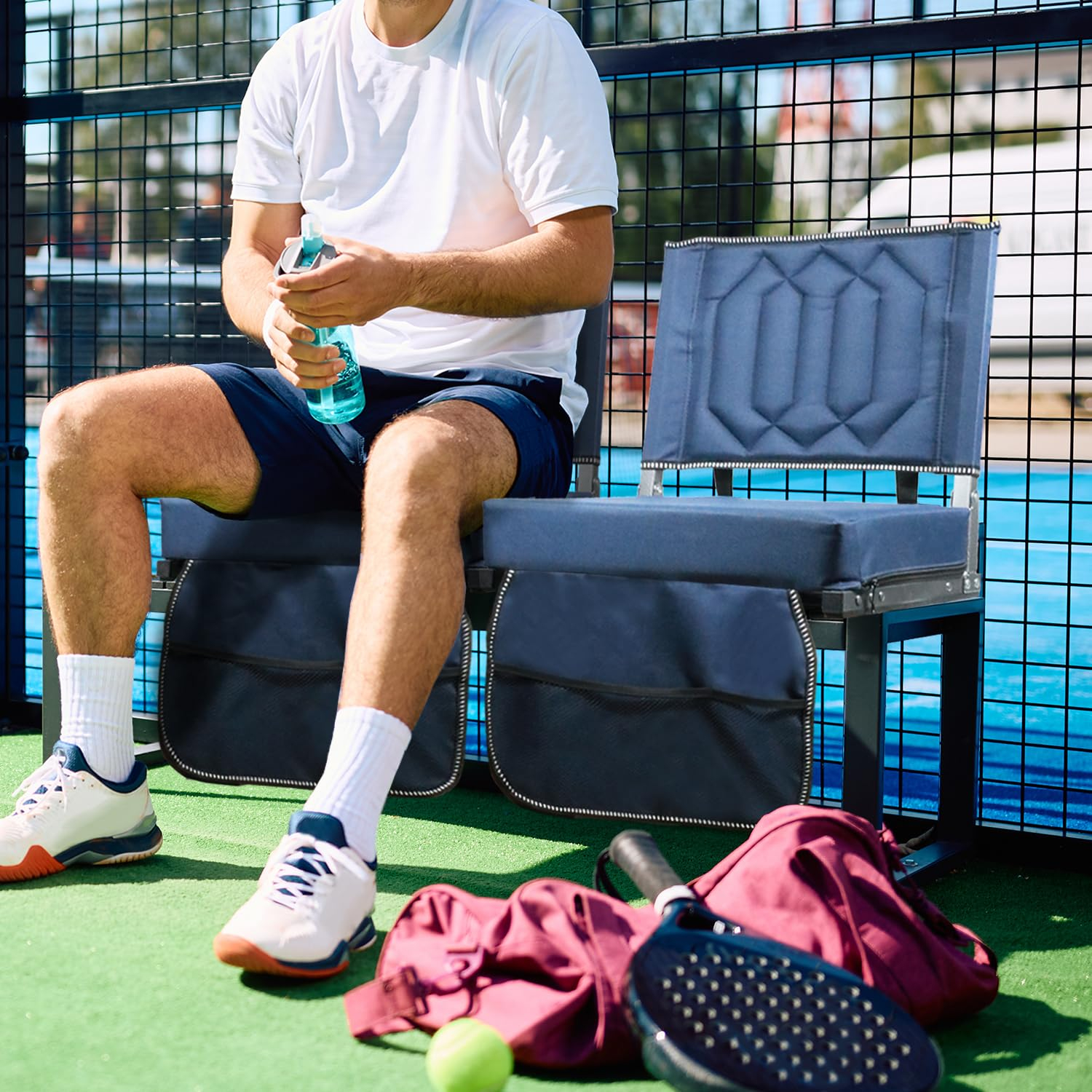 Blue Portable Folding Stadium Seat with Back Support and Cushion