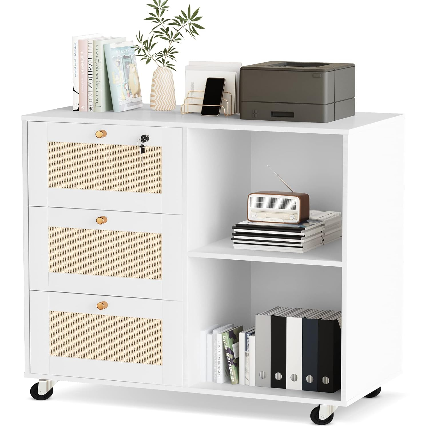 AWQM Wood Filing Cabinet with Lock,3 Drawers Office Storage Cabinet Printer Stand with Open Storage Shelves,Rattan Mobile File Cabinet for Home Office,White