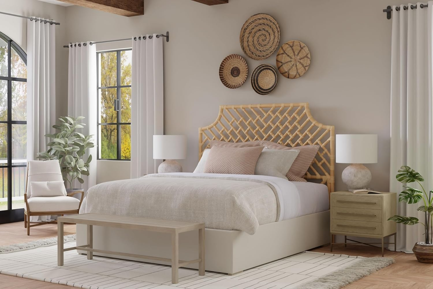 Rattan Chippendale Headboard, California King Size, Antique Brown