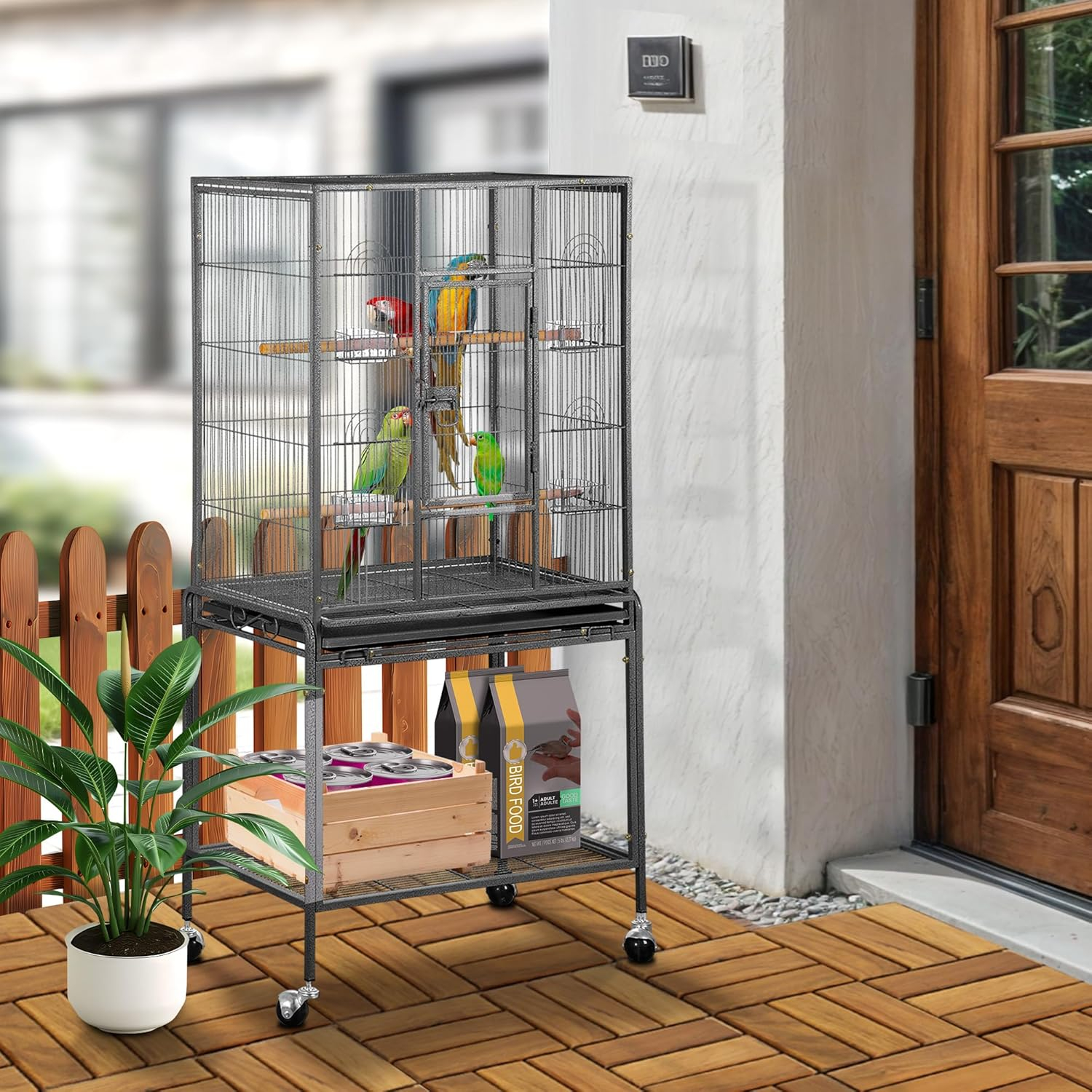 SUPER DEAL 53-Inch Rolling Bird Cage Large Wrought Iron Cage for Cockatiel Sun Conure Parakeet Finch Budgie Lovebird Canary Medium Pet House with Rolling Stand & Storage Shelf