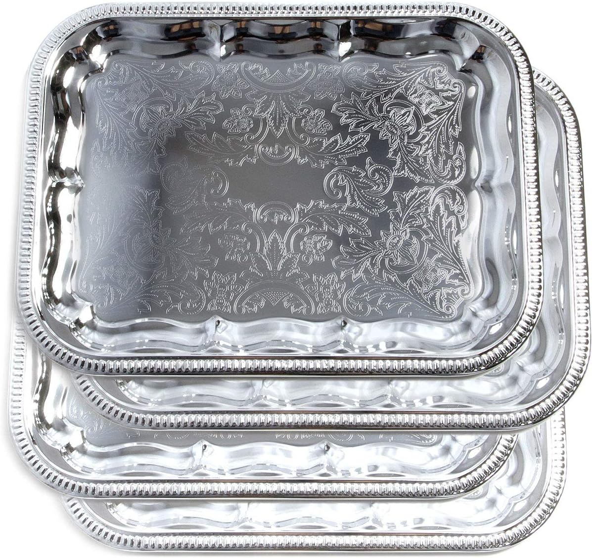 (Pack of 4 16.1-Inch x 12.2-Inch Oblong Rectangular Trim Victoria Floral Engraved Catering Chrome Plated Serving Plate Mirror Food Candle Deco Art Tray Platter Party(Medium) T227-4pk