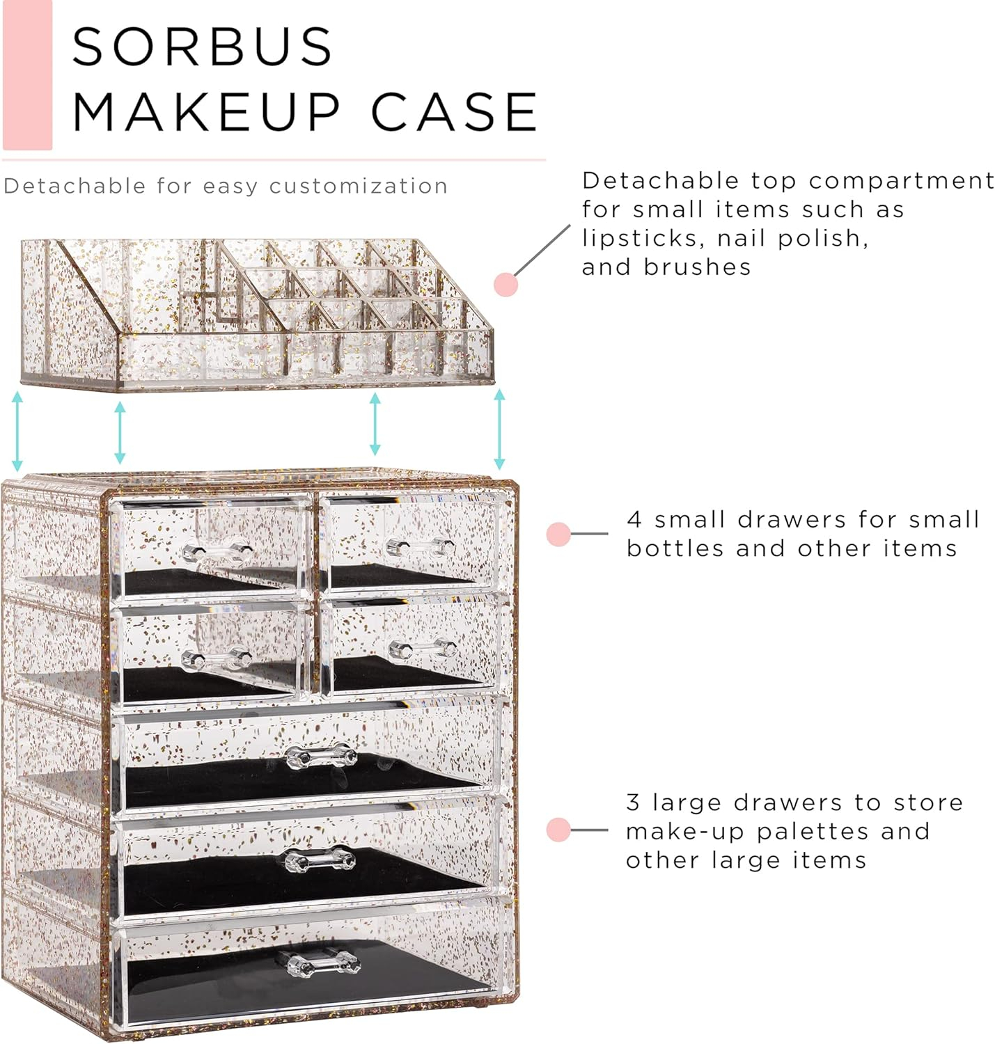 Sorbus 2-Piece 7-Drawer Vanity Organizer in Gold Glitter