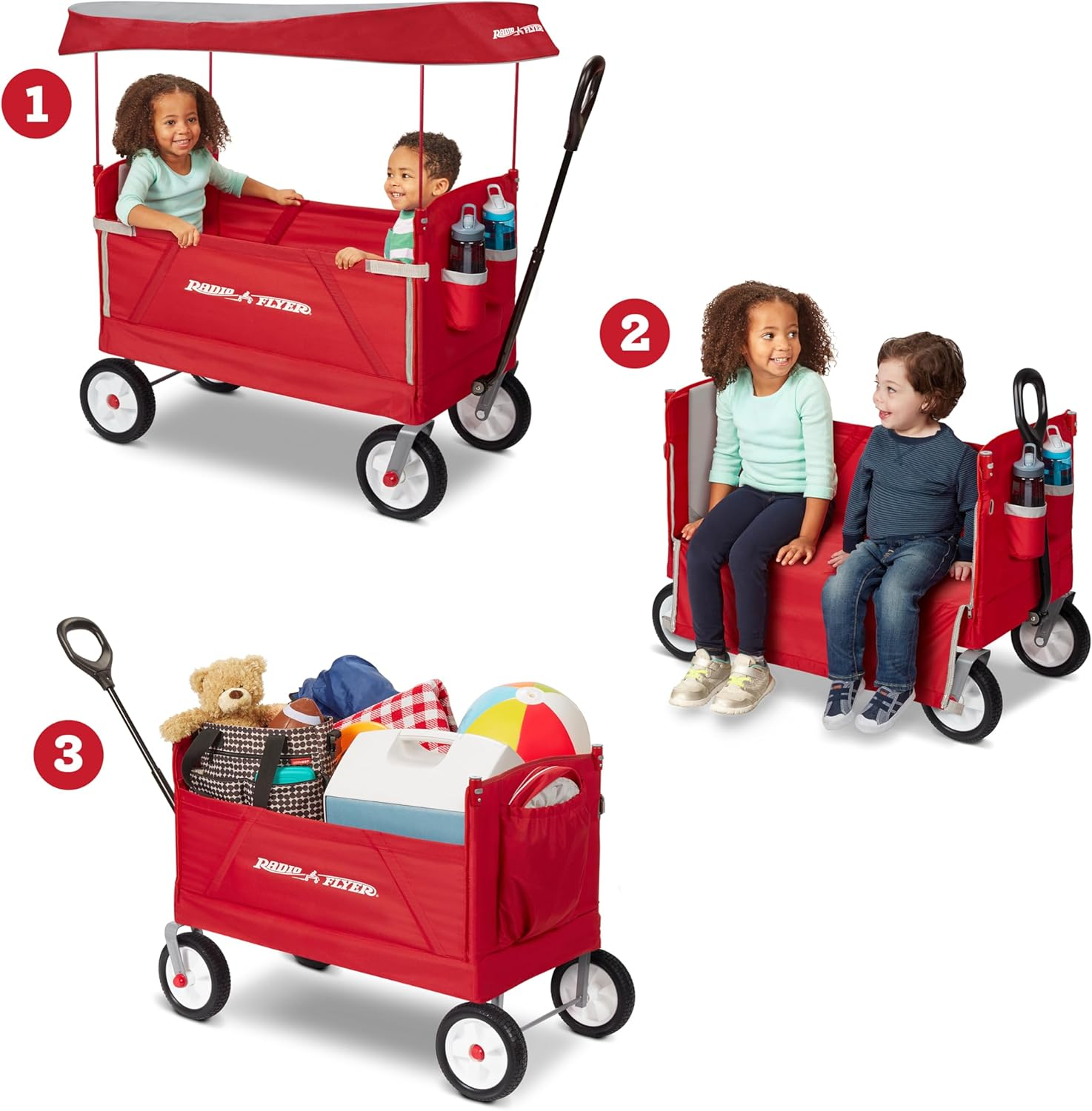 Radio Flyer, 3-in-1 off-Road EZ Folding Kids Wagon with Canopy, Puncture Proof Tires, Red