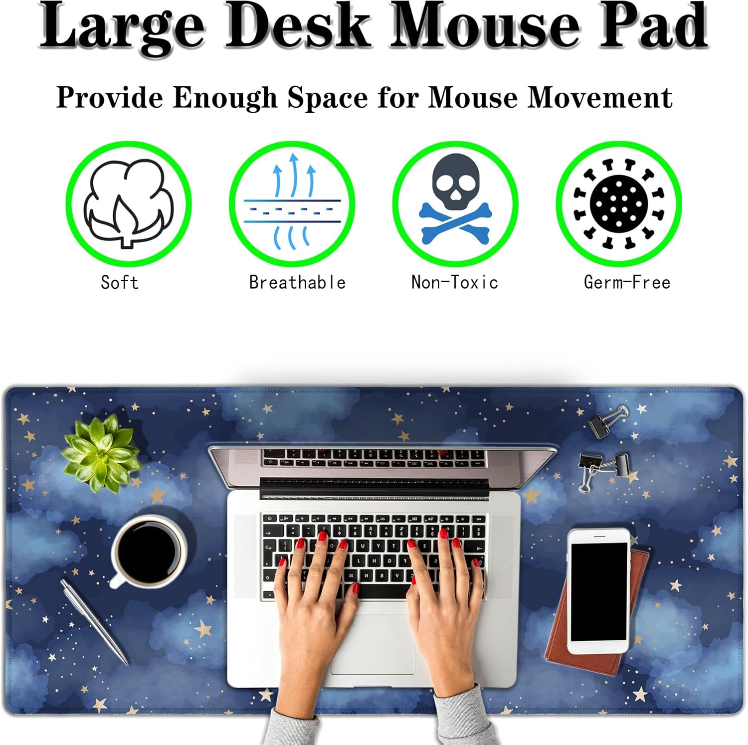 Large Desk Mat Dark Blue, Keyboard Mouse Pads Desktop Mats, Long Gaming Mouse Pad Non-Slip Rubber Base, 35.4 X 15.7 inch for Work/Game/Office/Home Watercolor Night Sky Galaxy Universe Space