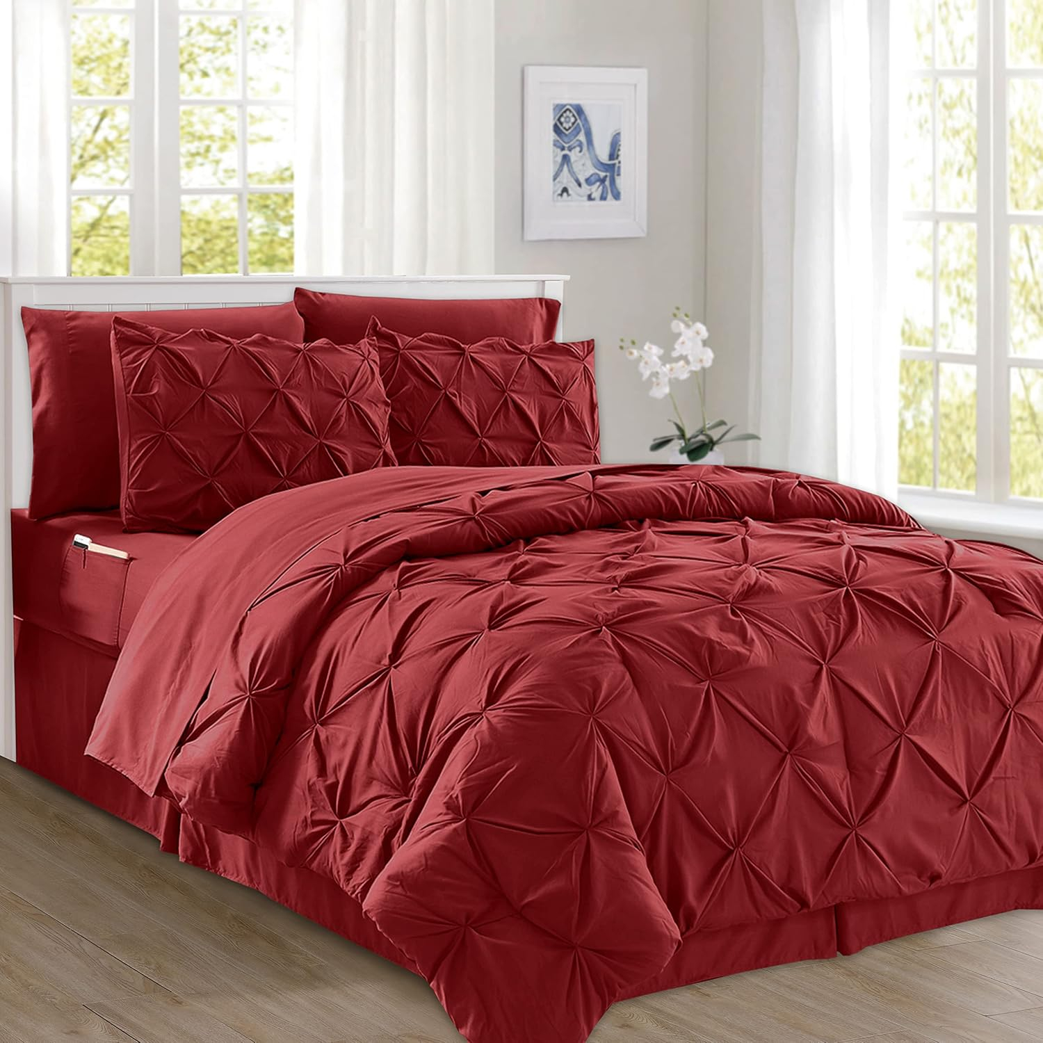 Burgundy Full/Queen Microfiber Pinch Pleated Bed in a Bag Set