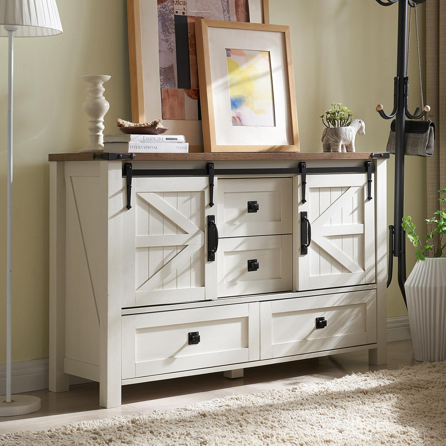 T4TREAM Farmhouse Dresser for Bedroom w/4 Drawers & Sliding Barn Doors, 48'' Wide Chest of Drawers, Rustic Dresser TV Stand w/Shelf, Organizer for Bedroom, Living Room, Entryway, Antique White