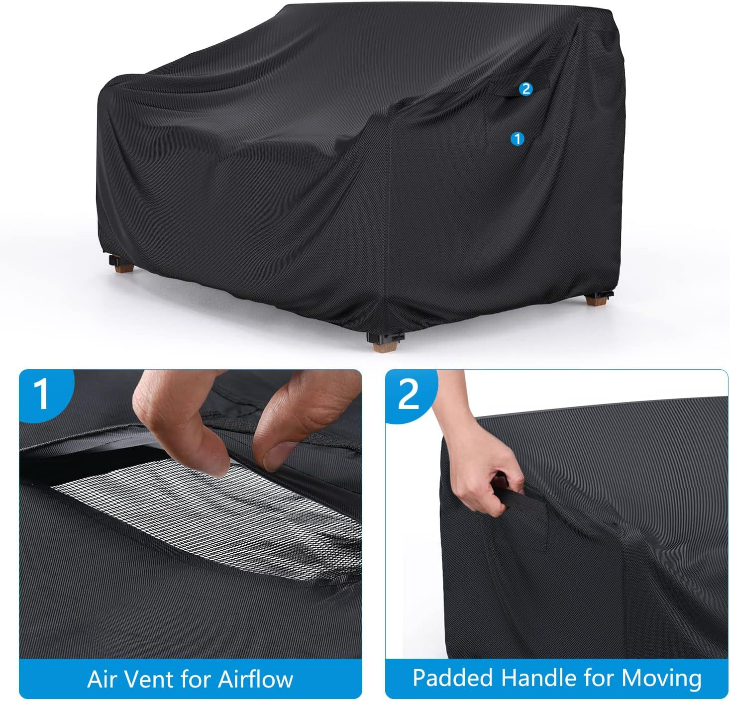 Heavy Duty Patio Sofa Cover Waterproof, Mrrihand 2-Seater Outdoor Sofa Loveseat Cover, Outdoor Patio Furniture Cover with Air Vent and Handles, 60" L×34" D×30" H, Black