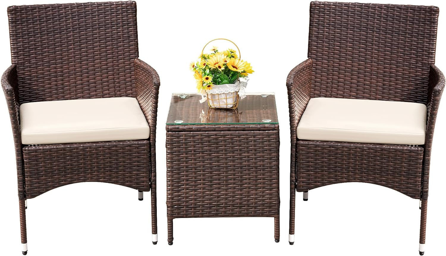 Brown and Beige 3-Piece Rattan Patio Furniture Set
