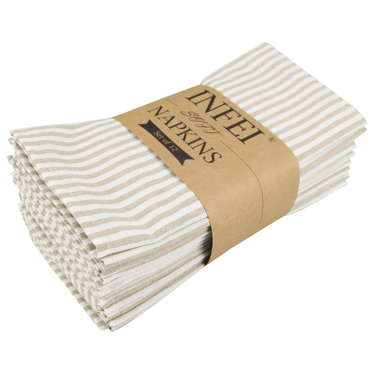 Plain Striped Cotton Linen Blended Dinner Cloth Napkins - Set of 12 (40 x 30 cm) - for Events & Home Use (Beige)