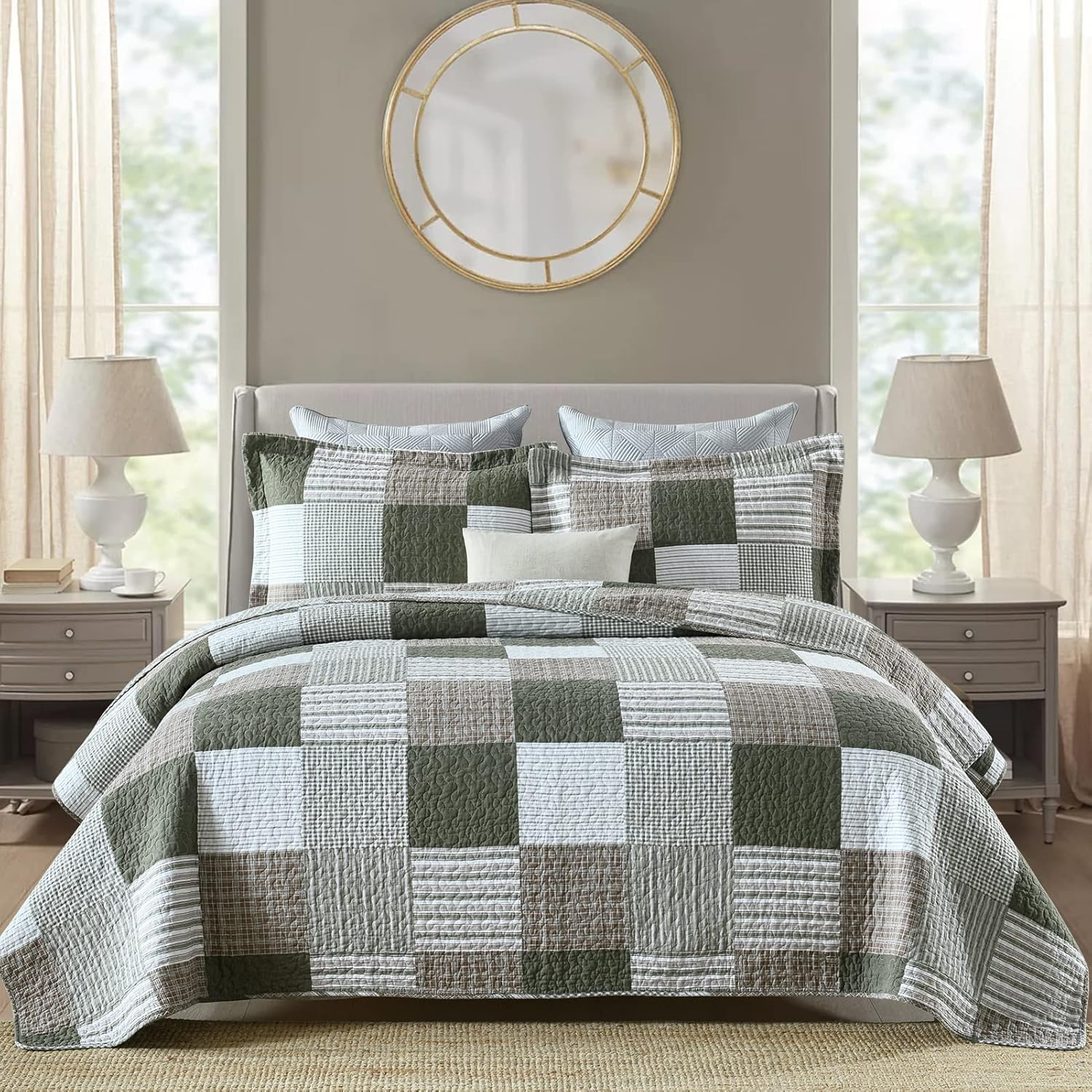 Y-PLWOMEN 100% Cotton Quilt King Size - Plaid Quilt Farmhouse Lightweight Quilted Bedspread, King Comforter Set, Soft Bed Spread for King Bed with Pillow Shams