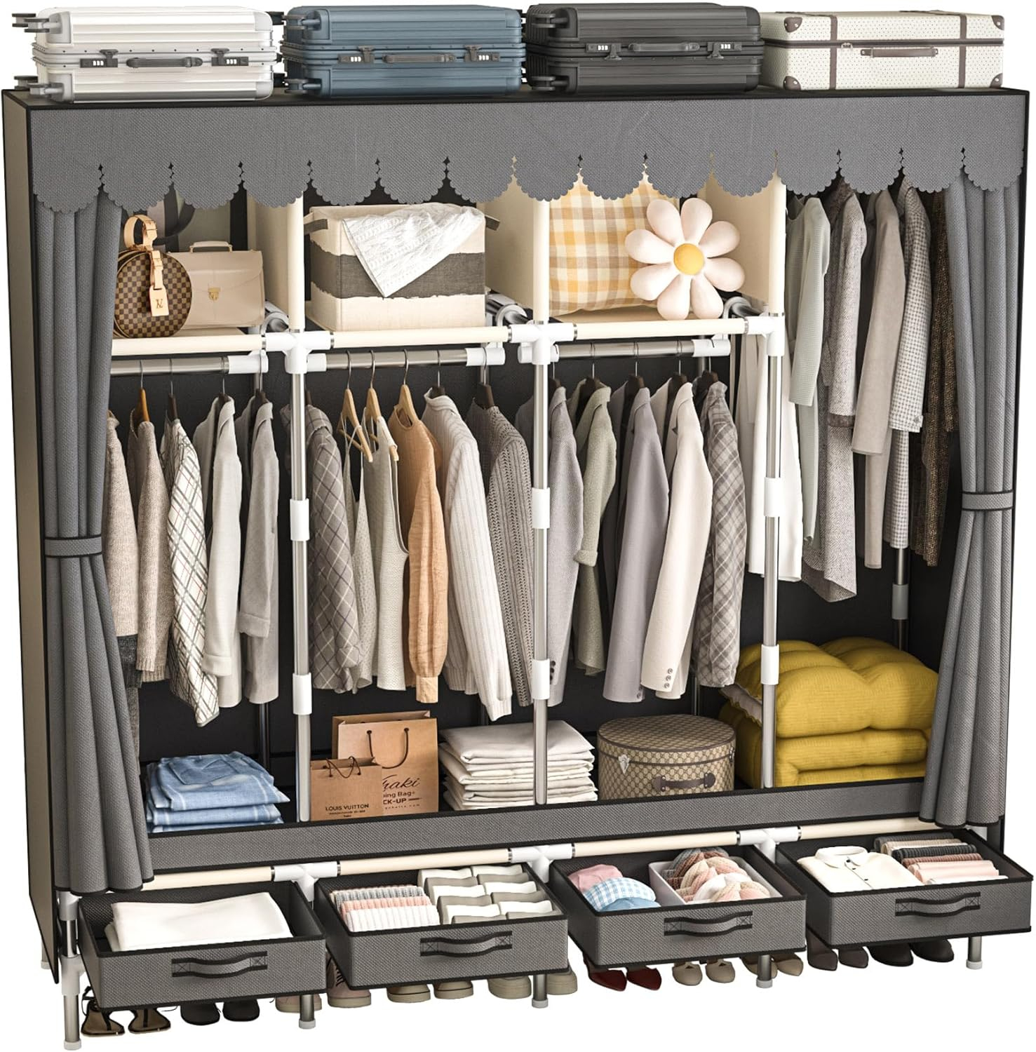 Large Portable Wardrobe with 4 Hanging Rods and Drawers, Armoire, Metal Storage Wardrobe Hangers, Upgraded Grey Non-Woven Dust Cover for Handing Closet,Large Closets for Bedroom