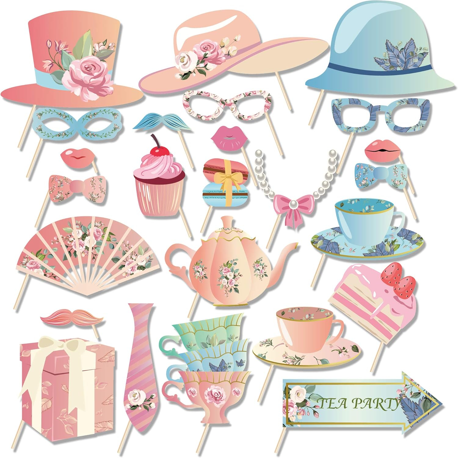 25Pcs Tea Party Photo Booth Props Kit DIY Teacup,Teapot Theme Selfie Props Garden Decorations Tea Party Decor for Girl Women Birthday Home Decor