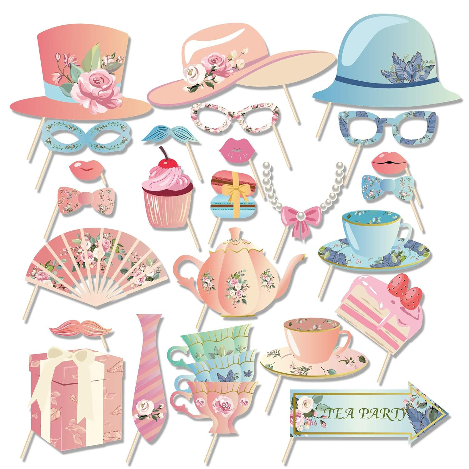 25Pcs Tea Party Photo Booth Props Kit DIY Teacup,Teapot Theme Selfie Props Garden Decorations Tea Party Decor for Girl Women Birthday Home Decor
