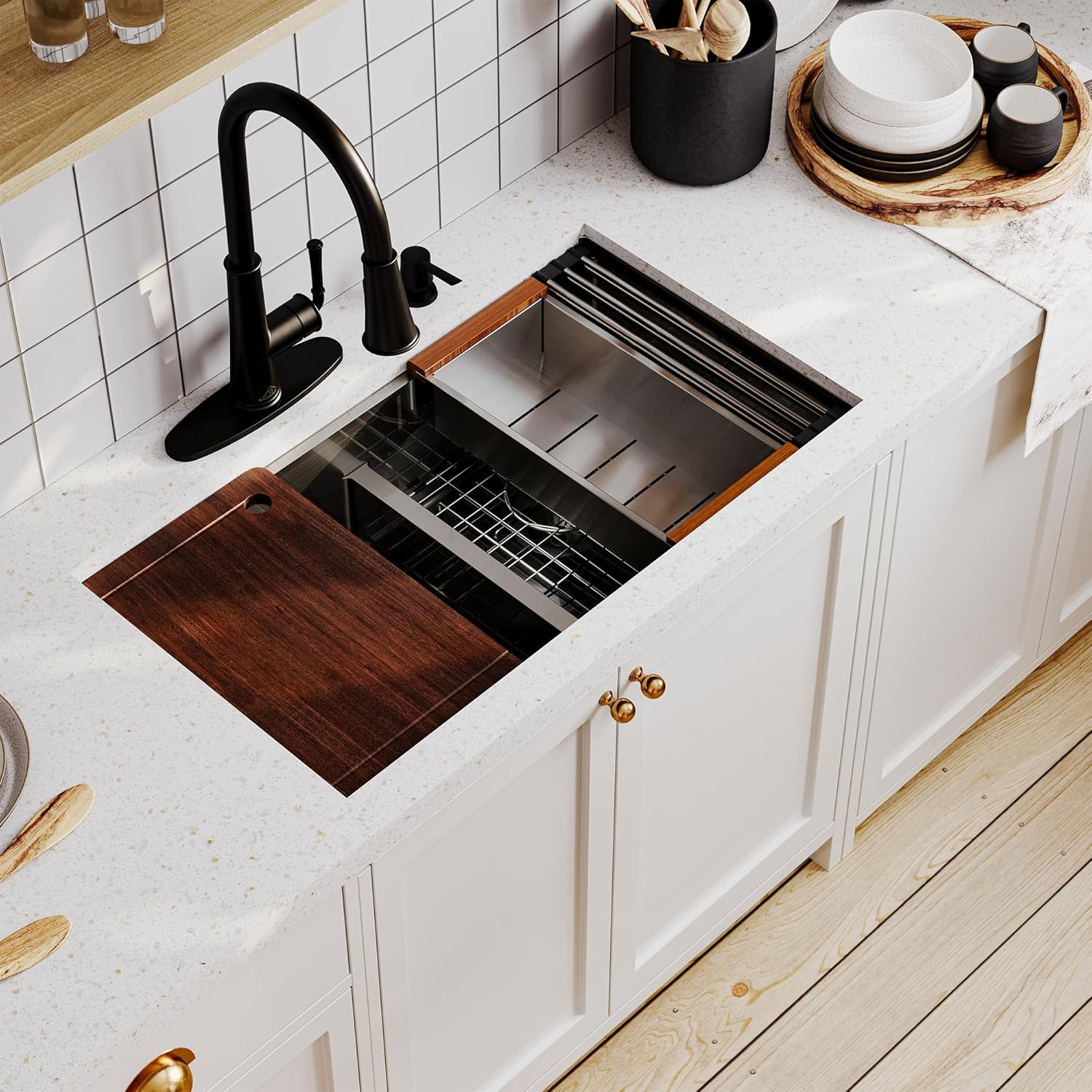 CASAINC Undermount Kitchen Sink Workstation - 33x19x10 Double Bowl Kitchen Sink,16 Gauge Multifunctional Step Kitchen Sinks Set, Nano Material Stainless Steel Sink with Accessories(Pack of 5)