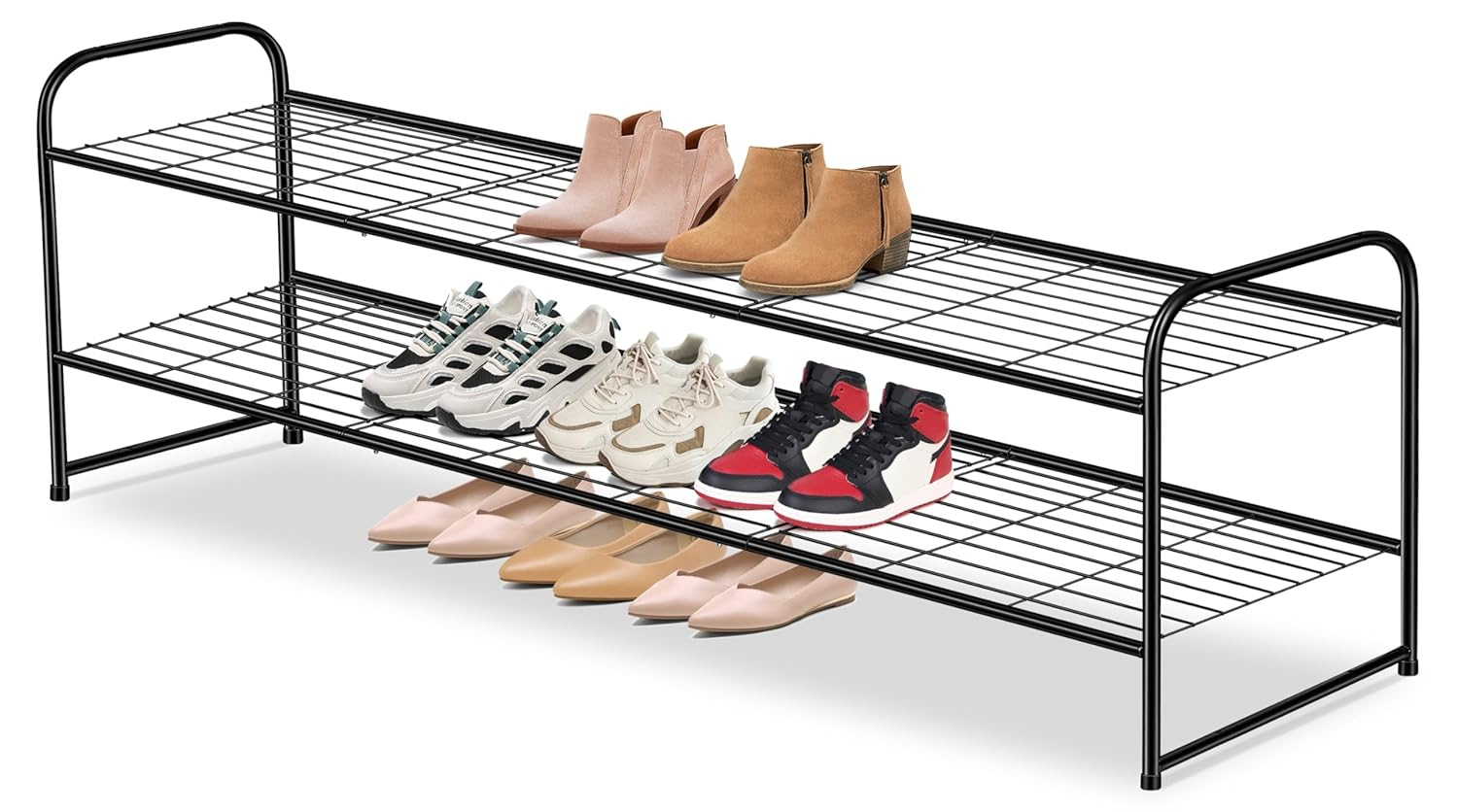 Long 2 Tier Shoe Rack for Closet Metal Wide Stackable Shoe Storage Organizer for Entryway, Bedroom, Floor, 18-Pairs Low Shoe Shelf, Black