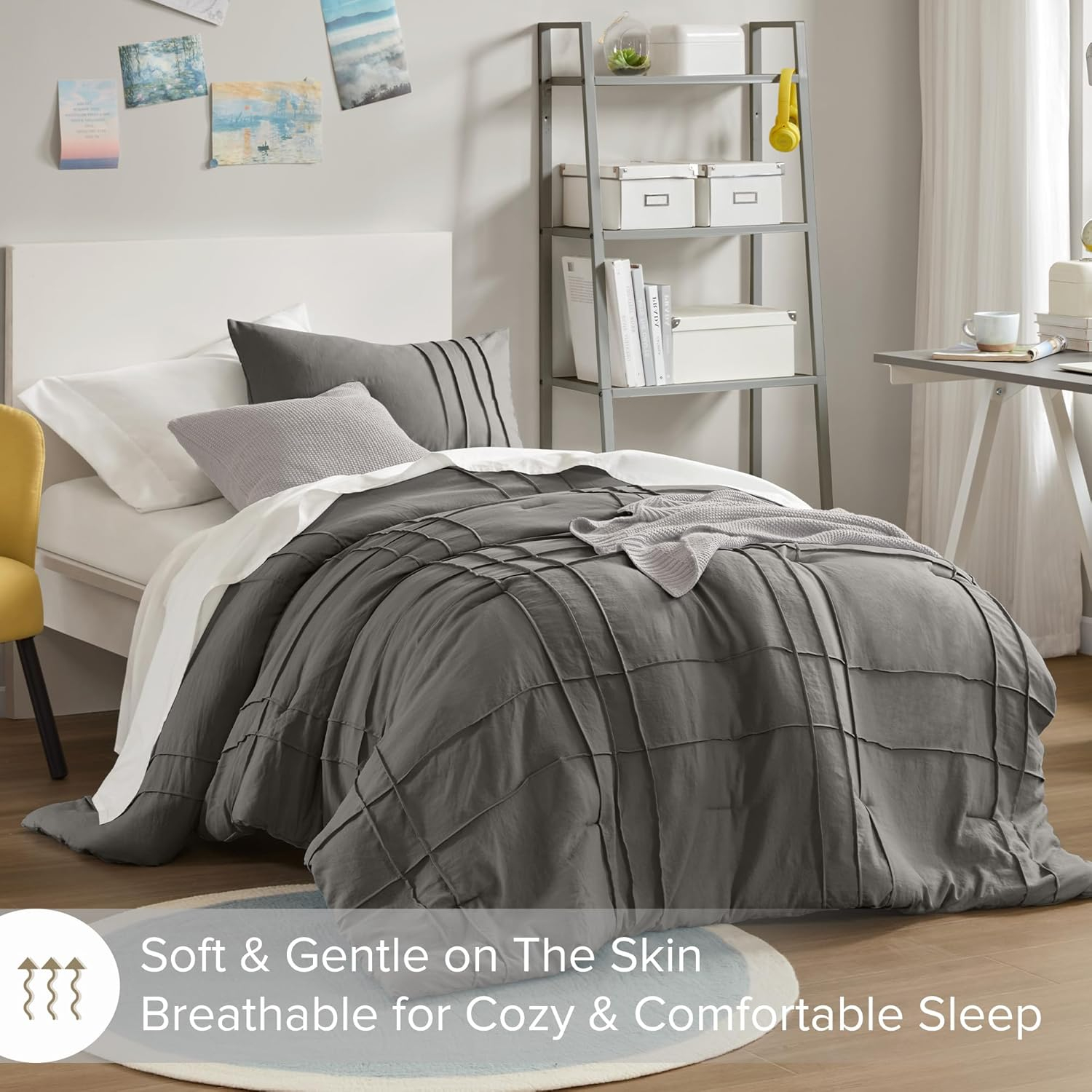 Comfort Spaces Grey Twin Size Duvet Cover Set - 2 Pieces Pintuck Pleated Duvet Cover Twin, All Season Lightweight, Extra Softness Pre-Washed Microfiber Twin Bedding Cover Shams, Twin/Twin XL
