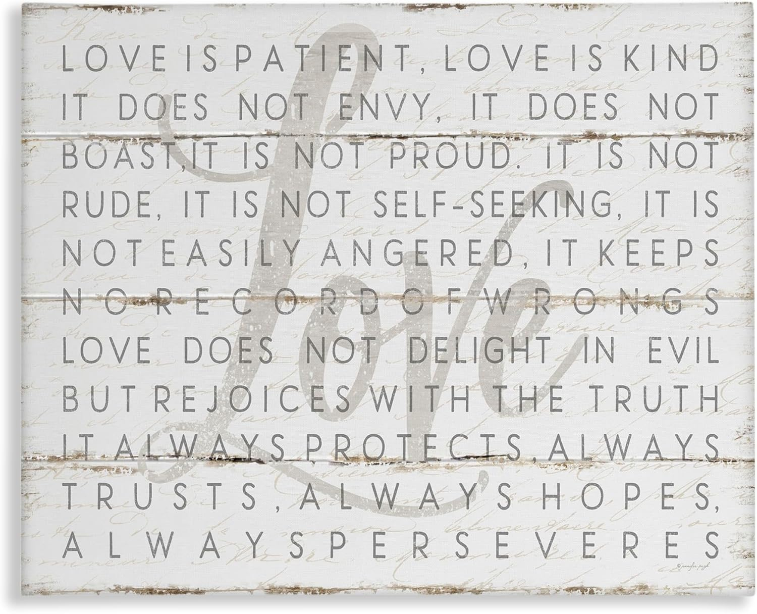 Stupell IndustriesLove Is Patient Grey on White Planked LookCanvas Wall Art by Jennifer Pugh