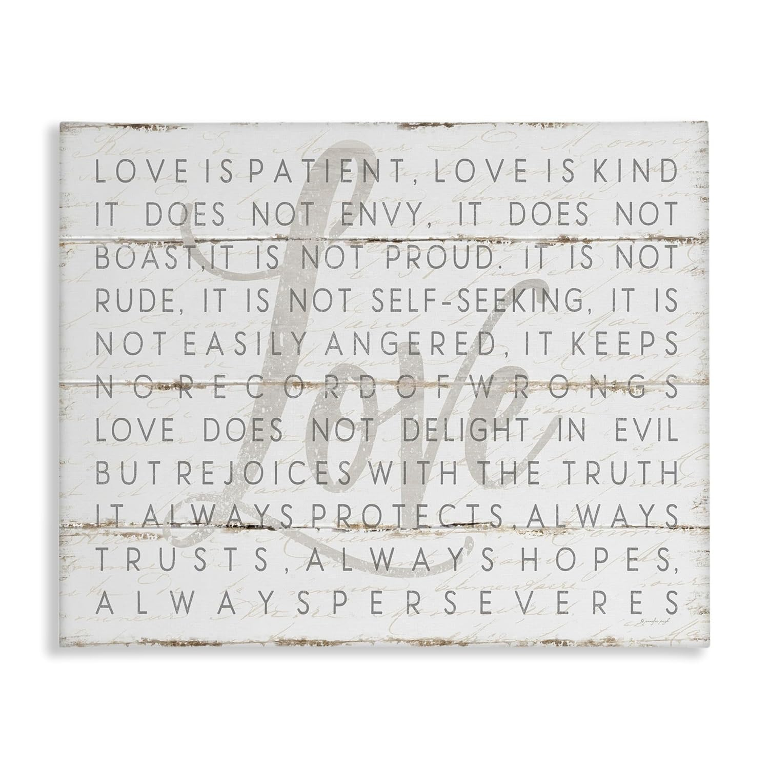 Stupell IndustriesLove Is Patient Grey on White Planked LookCanvas Wall Art by Jennifer Pugh