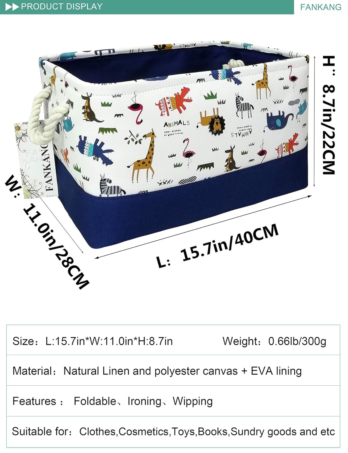 FANKANG Rectangular Laundry Basket Nursery Storage Fabric Storage Bin Storage Hamper,Gift Baskets (Animals)