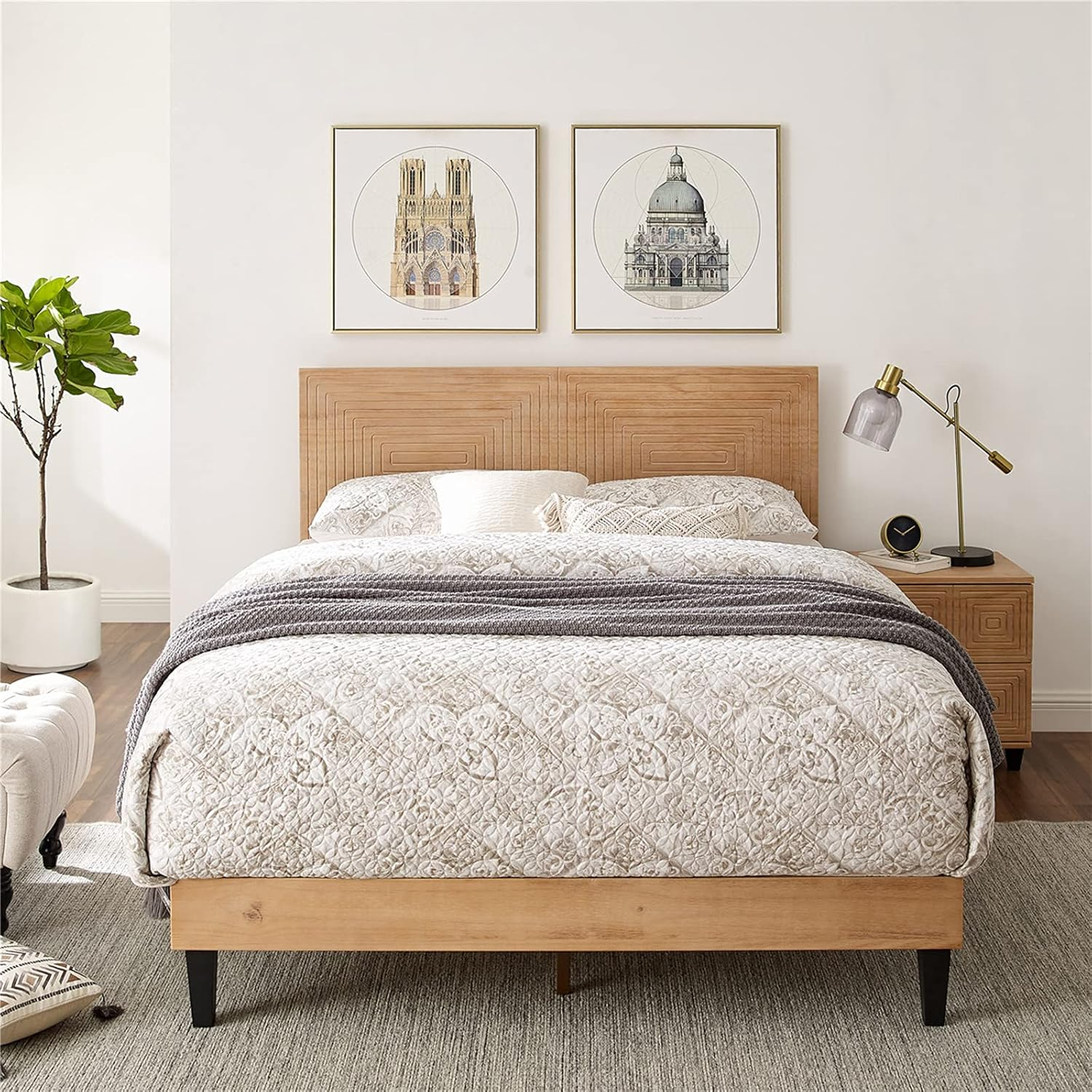 MUSEHOMEINC Queen Size Bed Frame with Adjustable Height Headboard,Mid Century Modern Wood Platform Bed,Mattress Foundation with Wooden Slat Support,No Box Spring Needed,Easy Assembly(Queen)