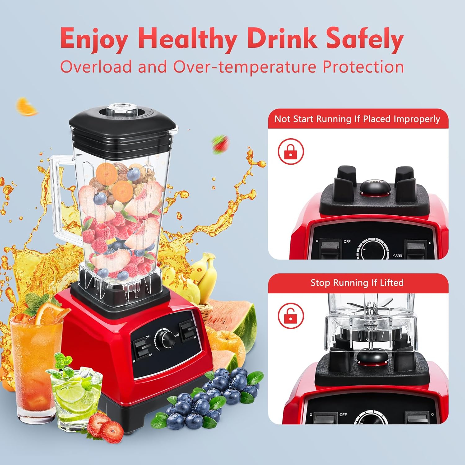 3HP Heavy Duty Professional Power Blender, 2L High Power Commercial Blender Mixer Juicer Smoothie Maker, 2200W Red Blender for Kitchen