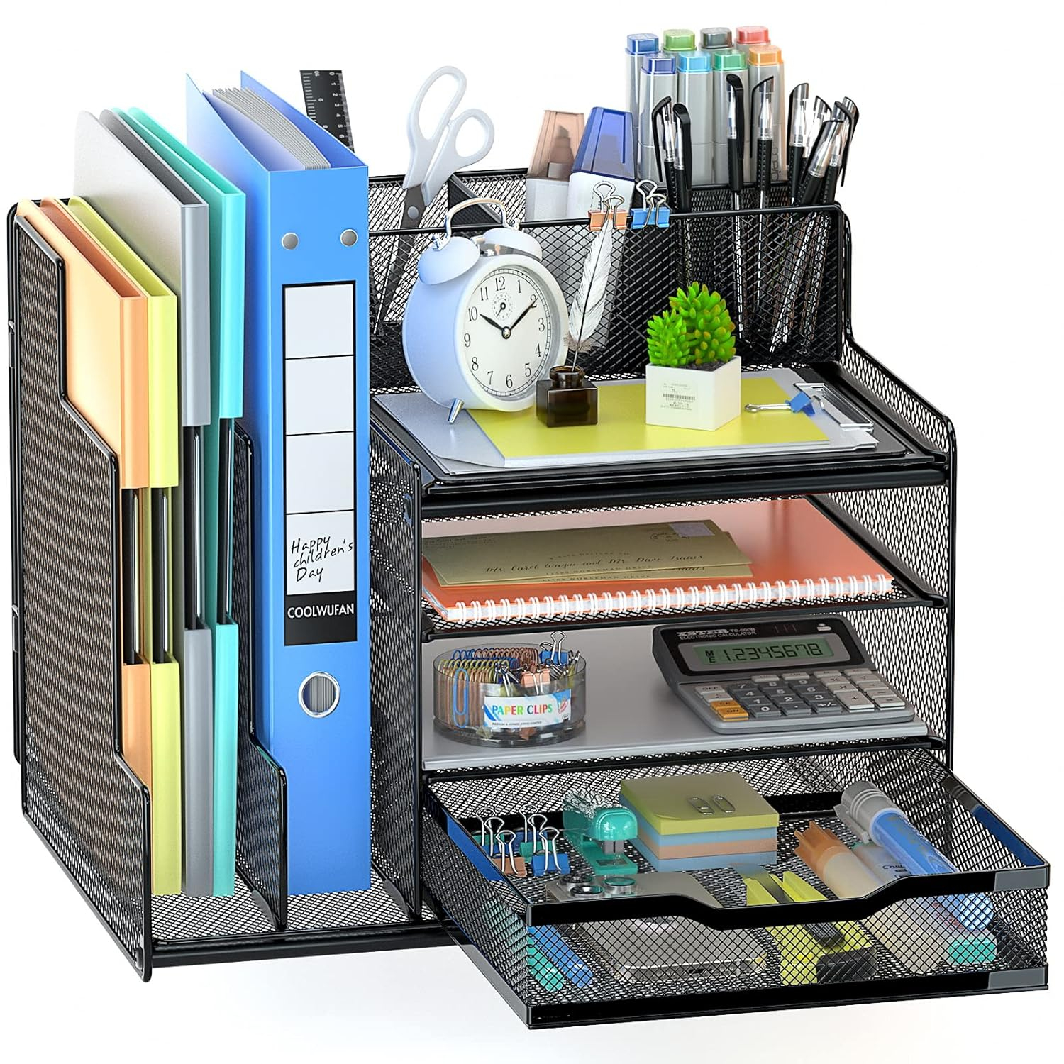 VIVSOL Desk Organizer with Mesh File Holder, 4-Tier Office Supplies Desk Organizers and Accessories with Sliding Drawers & Pen Holder, Desk File Organizer and Storage for Office, School, Home, Black