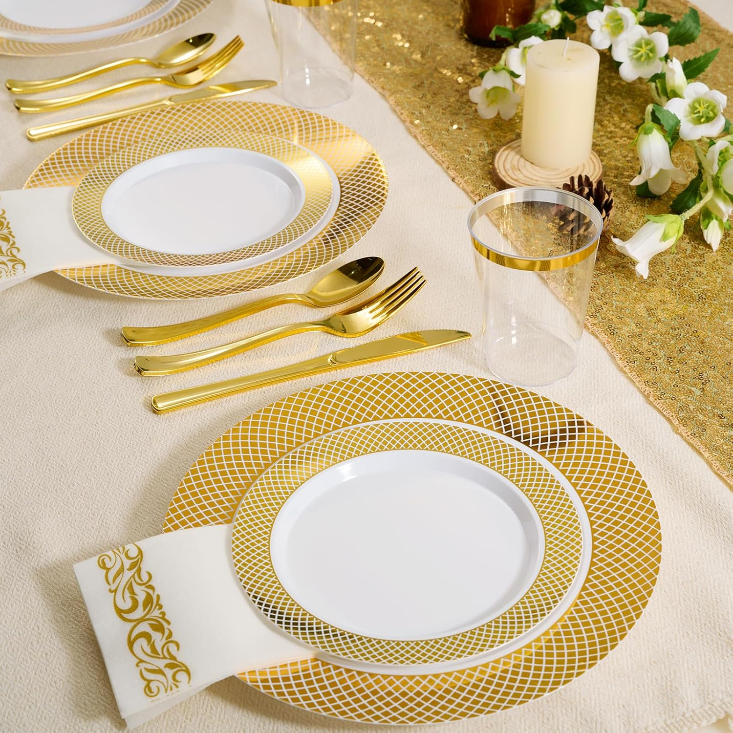 FOCUSLINE Gold Plastic Plates Set of 102, Disposable Plates with Gold Grid Rim 51 Dinner Plates 10" and 51 Salad Dessert Appetizer Plates 7", Elegant Fancy Heavy Duty Wedding Party Plates