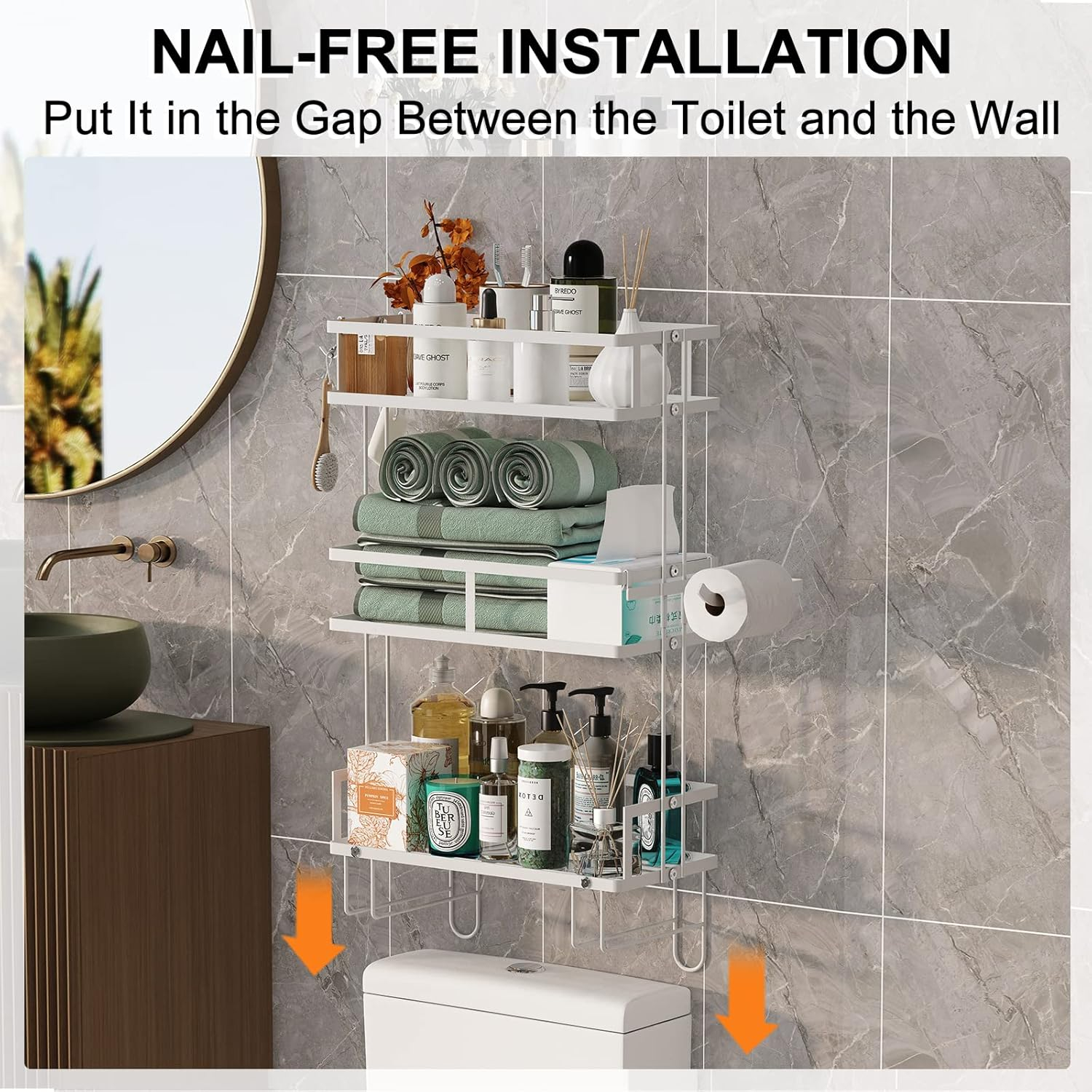 Over Toilet Bathroom Organizer,Over The Toilet Storage Shelf, Toilet Shelf with Toilet Paper Holder,Bathroom Shelf Over Toilet,3 Tier Toilet Storage Rack White Metal