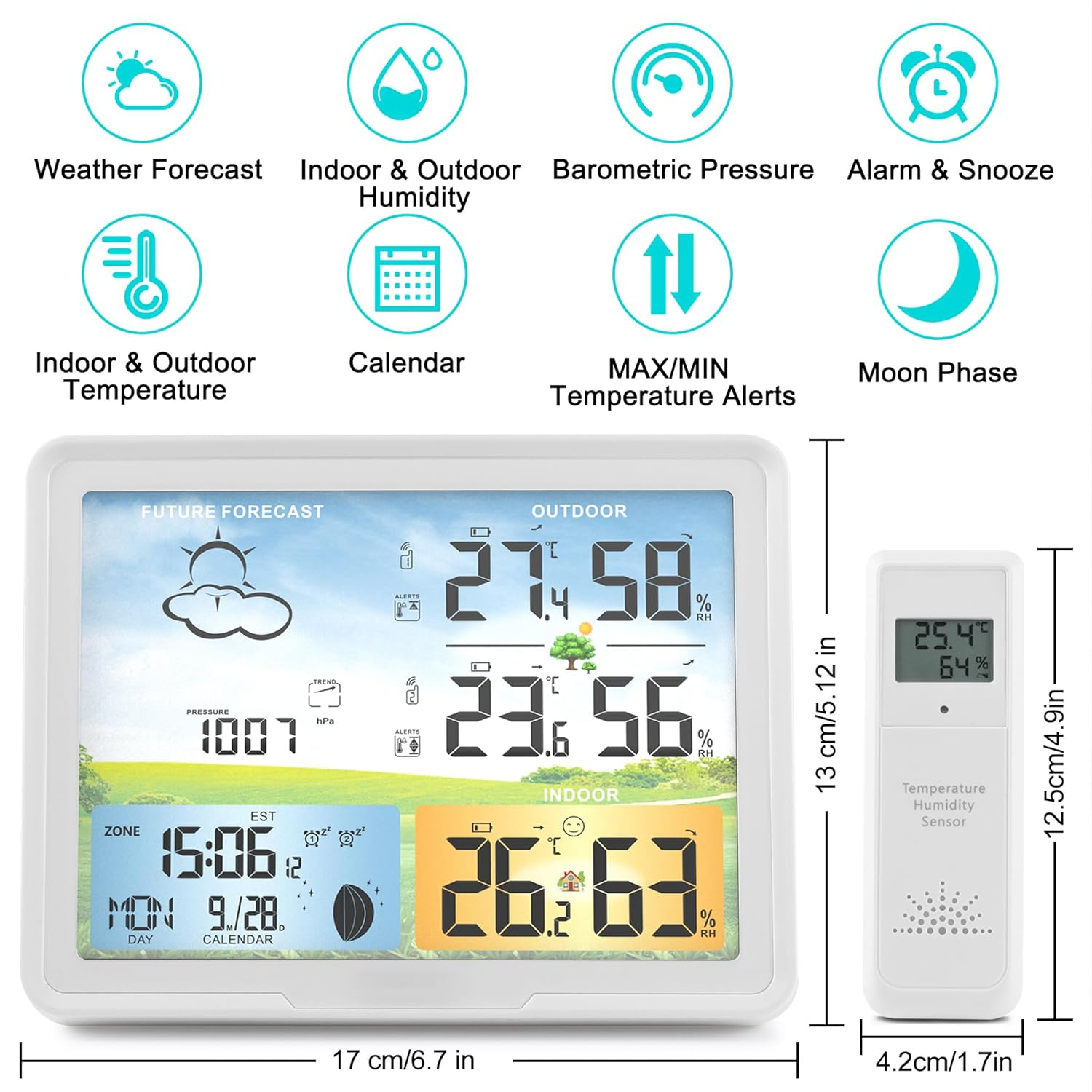 Wireless Indoor Outdoor Thermometer: Home Weather Station, Portable Digital Weather Clock Atomic with Bluetooth Color Forecast, Multiple Sensors Weather Monitor and Alarm (1 Remote)