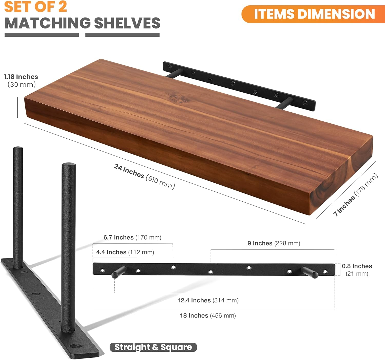 BATODA Set of 2 24" Acacia Wood Floating Shelves Wall Mounted – Rustic Farmhouse Wooden Wall Storage Shelf for Bedroom, Kitchen, Home Décor - Brackets and Shelving Hardware Included