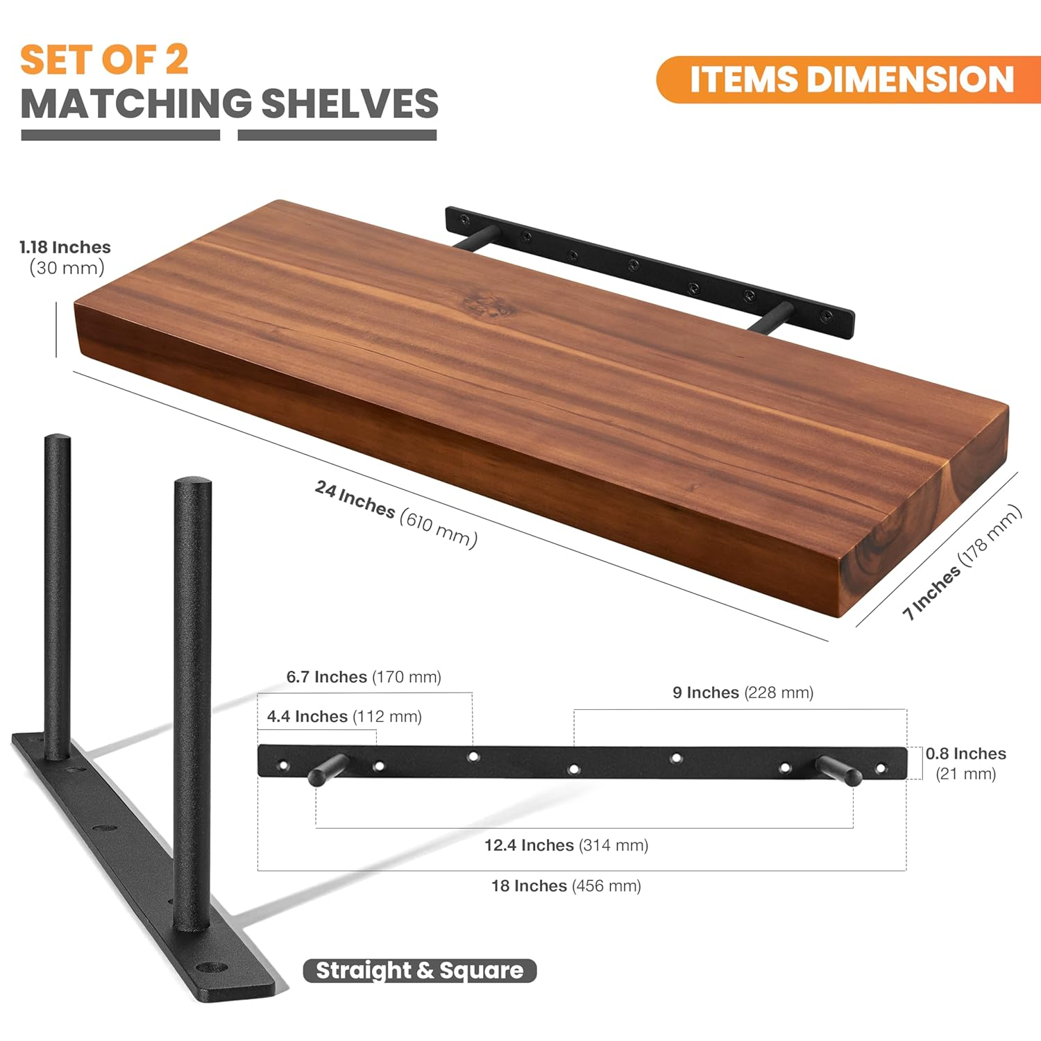 BATODA Set of 2 24" Acacia Wood Floating Shelves Wall Mounted – Rustic Farmhouse Wooden Wall Storage Shelf for Bedroom, Kitchen, Home Décor - Brackets and Shelving Hardware Included