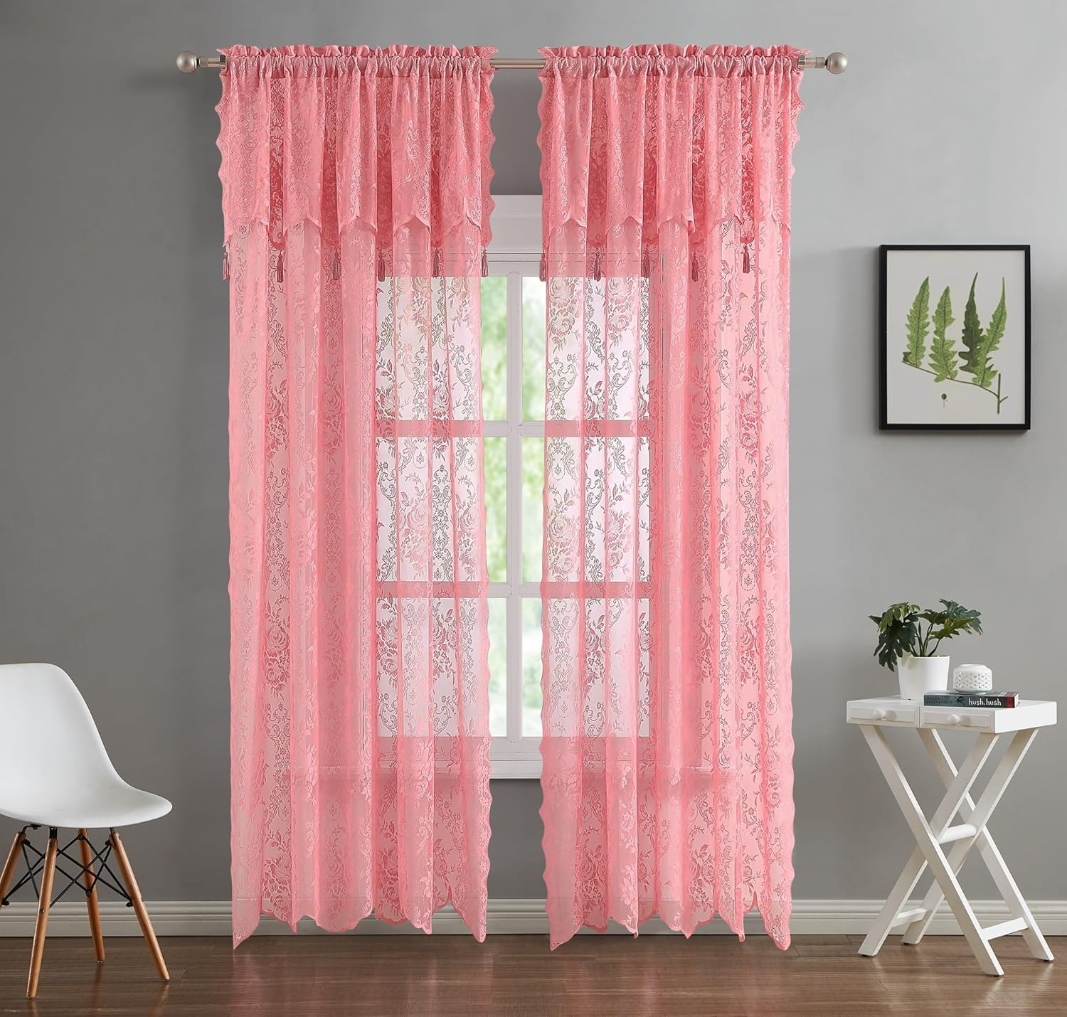 Rosdorf Park Rosdorf Park Pair Of 2 Sheer Lace Curtain Panels with Attached Matching Valance With 6 Tassels. (Set of 2)