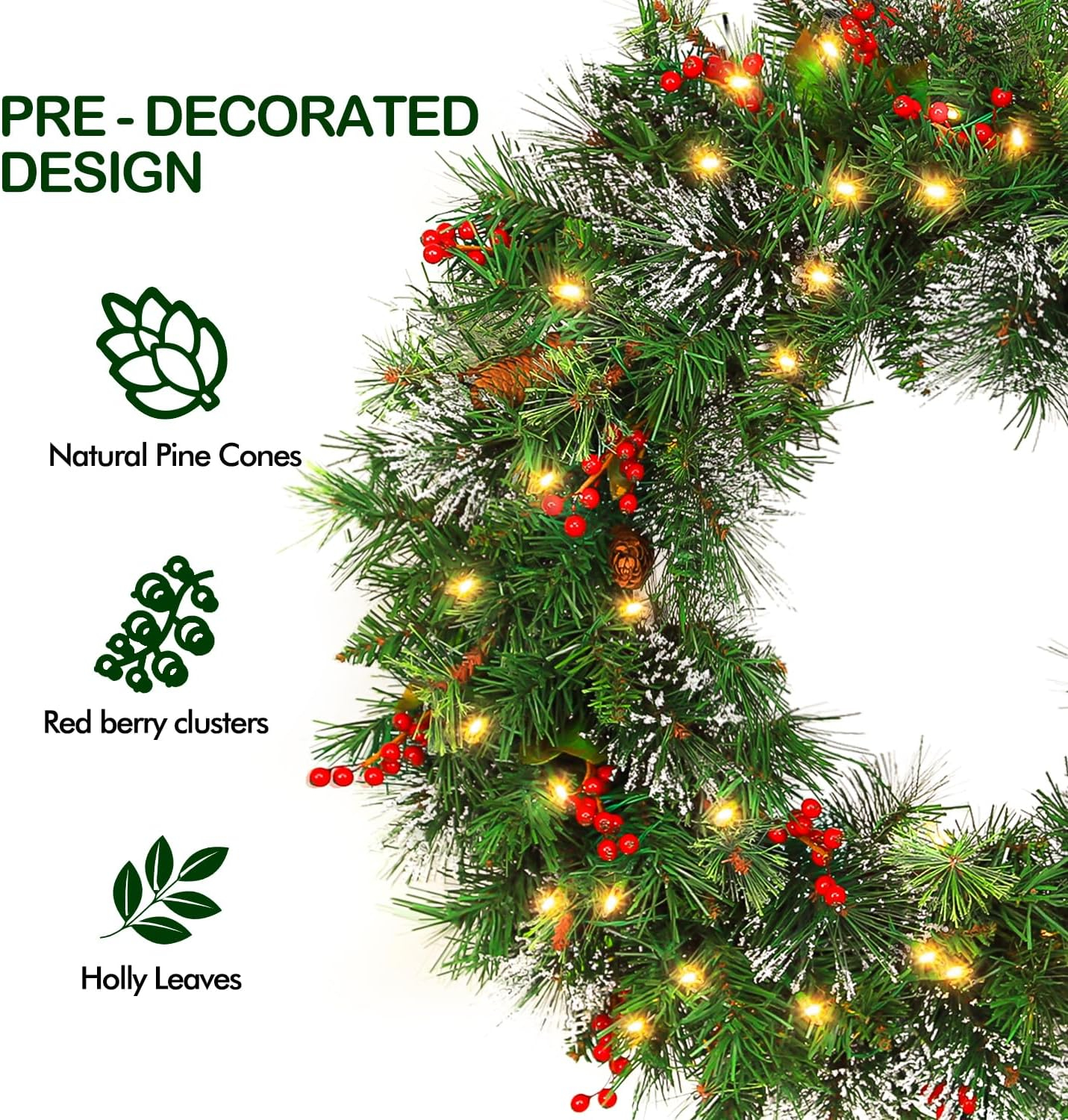 💐 Wreath door hanger 24" Pre-Lit Artificial Christmas Wreaths for Front Door Decorated with Pine Cones, Red Berries, Frosted Branches, 50 LED Lights for Indoor Outdoor Christmas Decorations